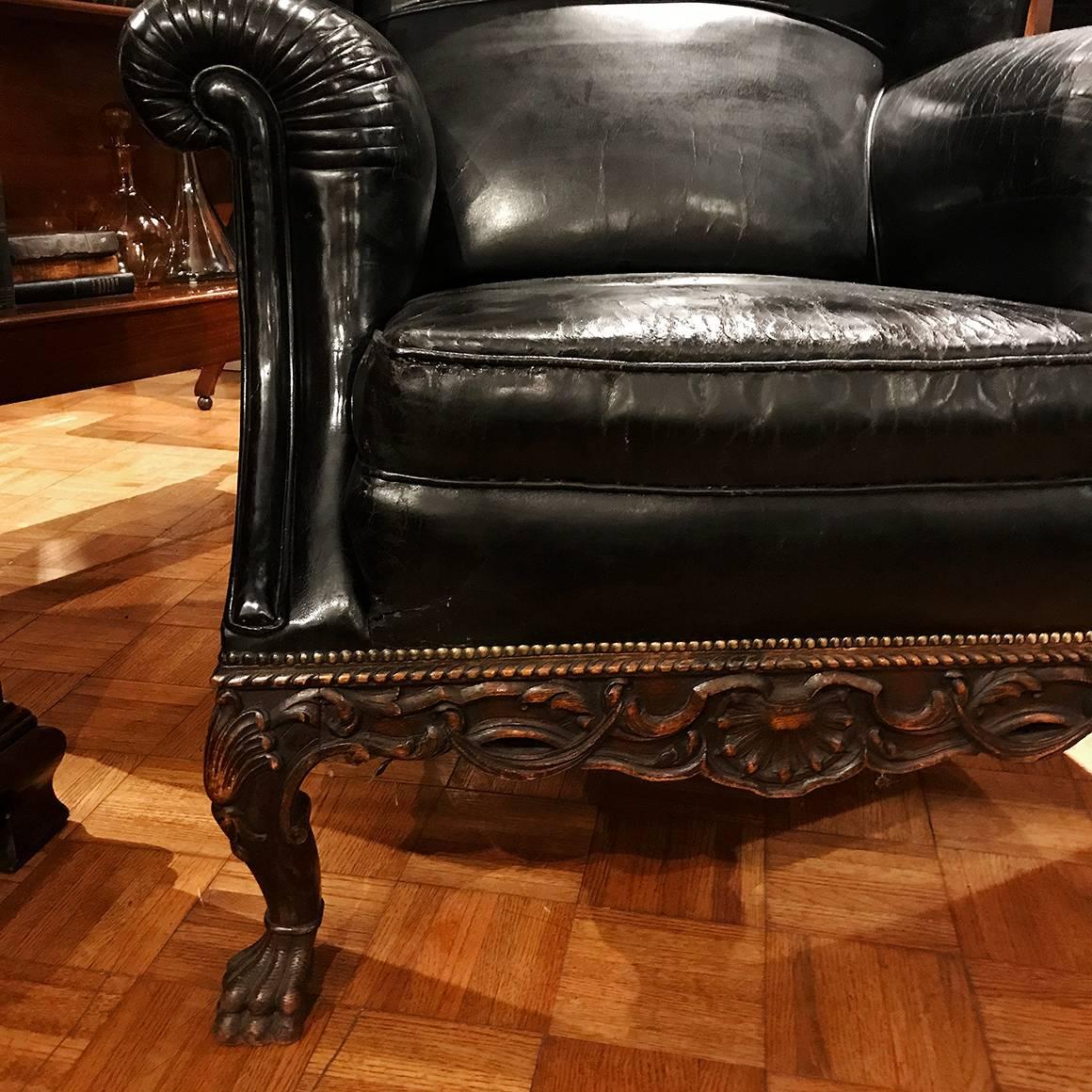 Late 19th Century Pair of 19th Century Black Leather Wing Back Armchairs