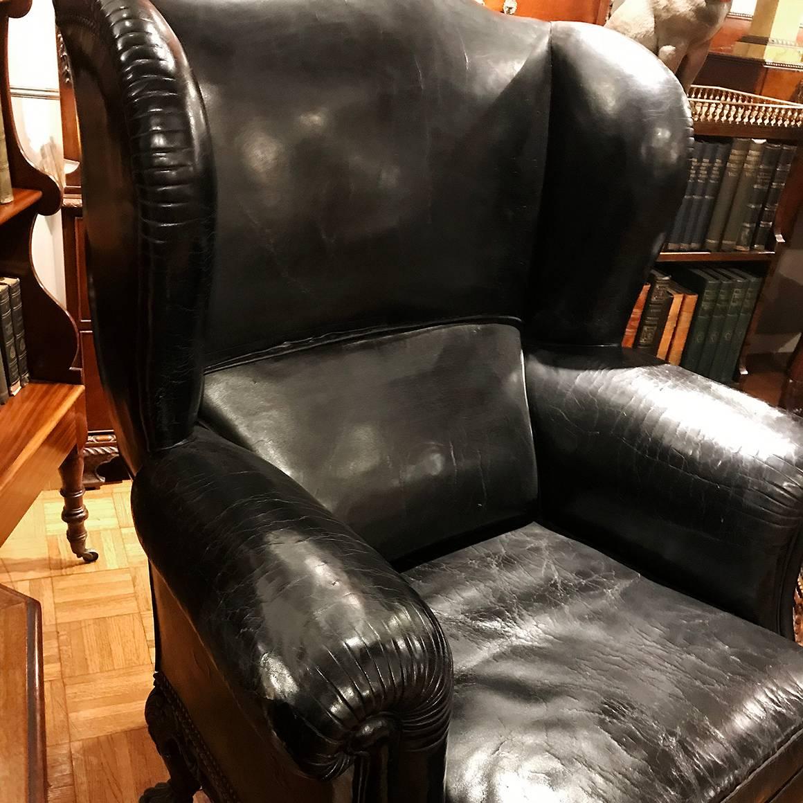 Pair of 19th Century Black Leather Wing Back Armchairs 1