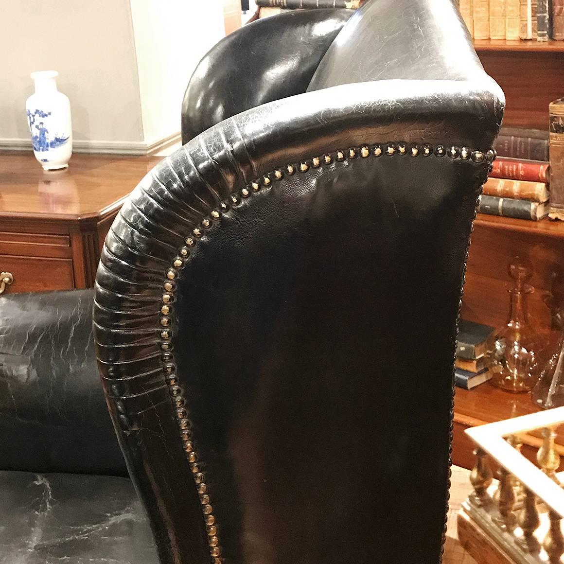 Pair of 19th Century Black Leather Wing Back Armchairs 2
