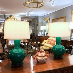 Pair of Chinese Green Tianqiuping Vases, Wired as Lamps