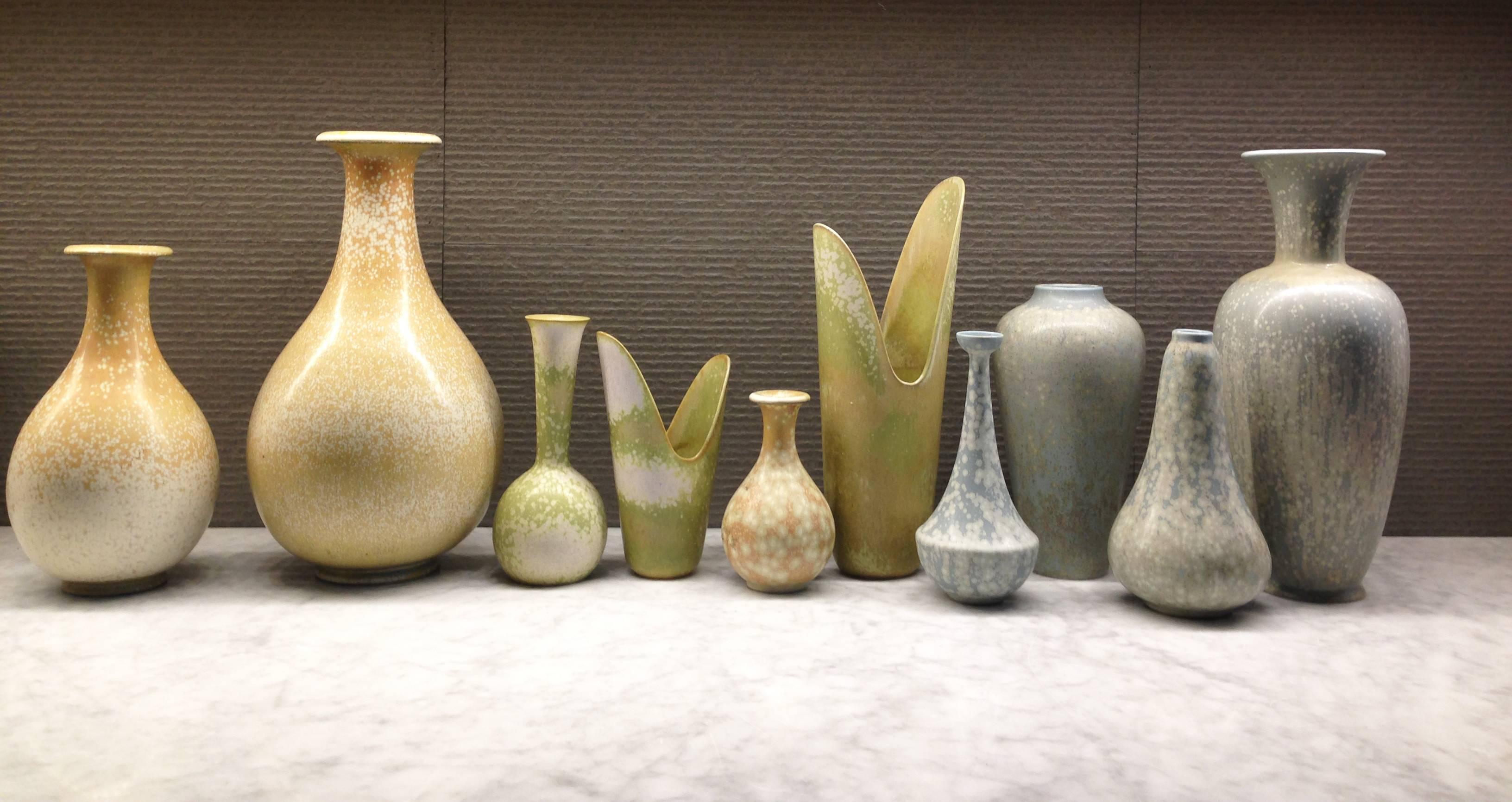 Stunning collection of 10 vases by Gunnar Nylund
Rörstrand, Sweden c.1960
Ceramic
Artist signed with Rörstrand factory marks.
