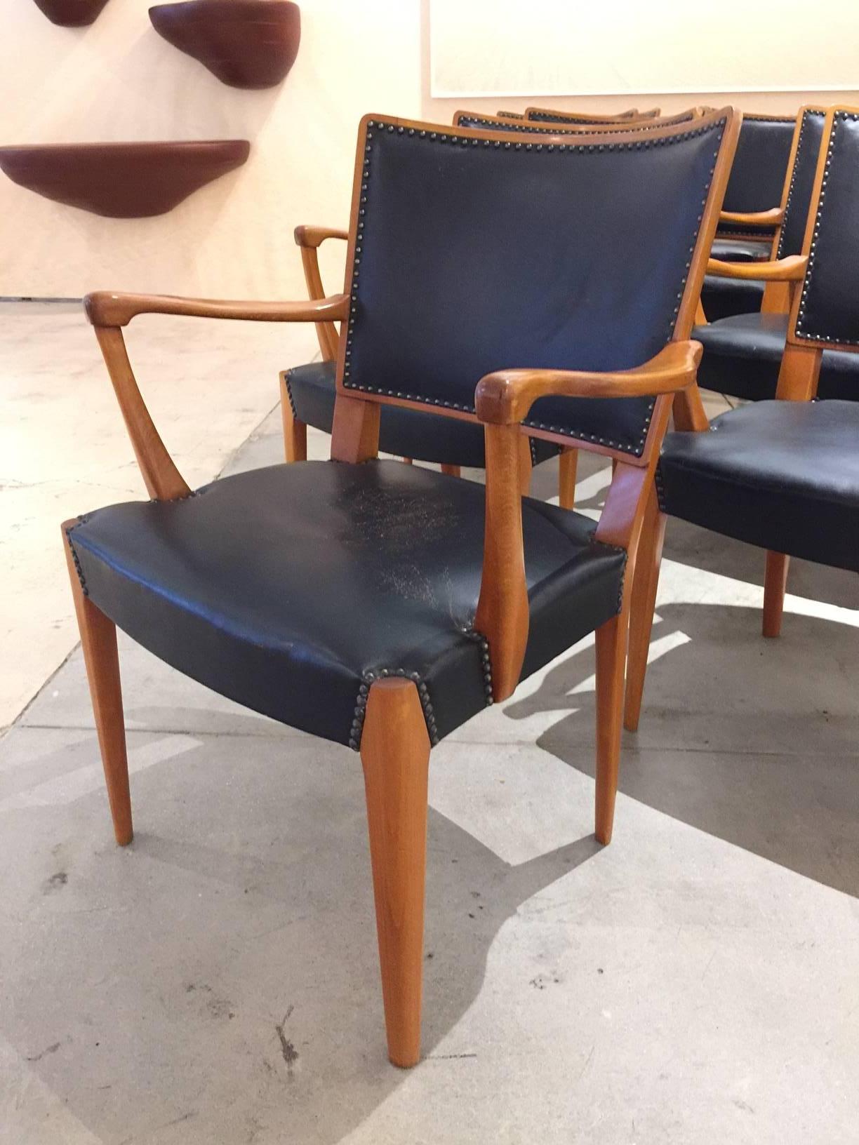 Set of 15 armchairs attributed to Axel Einar Hjorth. From the cabinetmaker shop at NK, Sweden, circa 1940.
Made from steamed European beech by NK
Original leather with brass tacks in very good condition.
Dimensions:
32" H x 23.75" W x