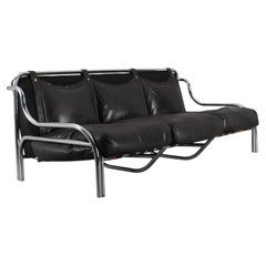 Sofá de tres plazas «Stringa» de piel negra original de Gae Aulenti, Poltronova, década de 1960