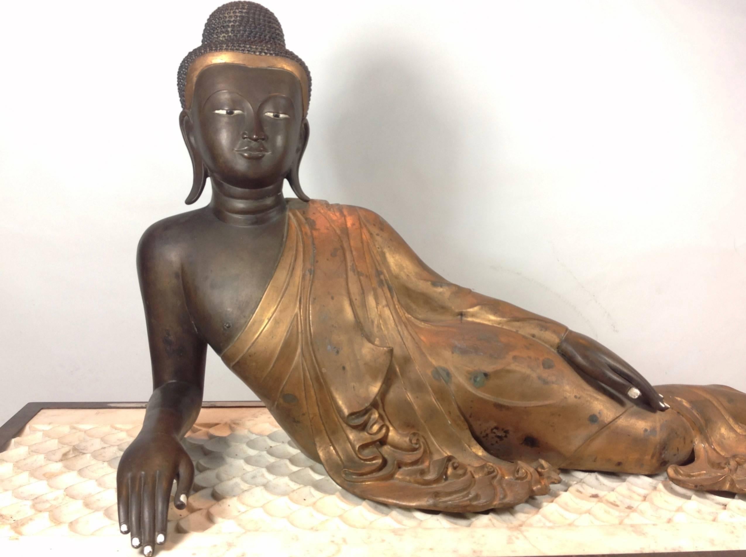 Cast Bronze Lifesize Reclining Buddha; Burmese; circa 1800s In Excellent Condition For Sale In San Francisco, CA