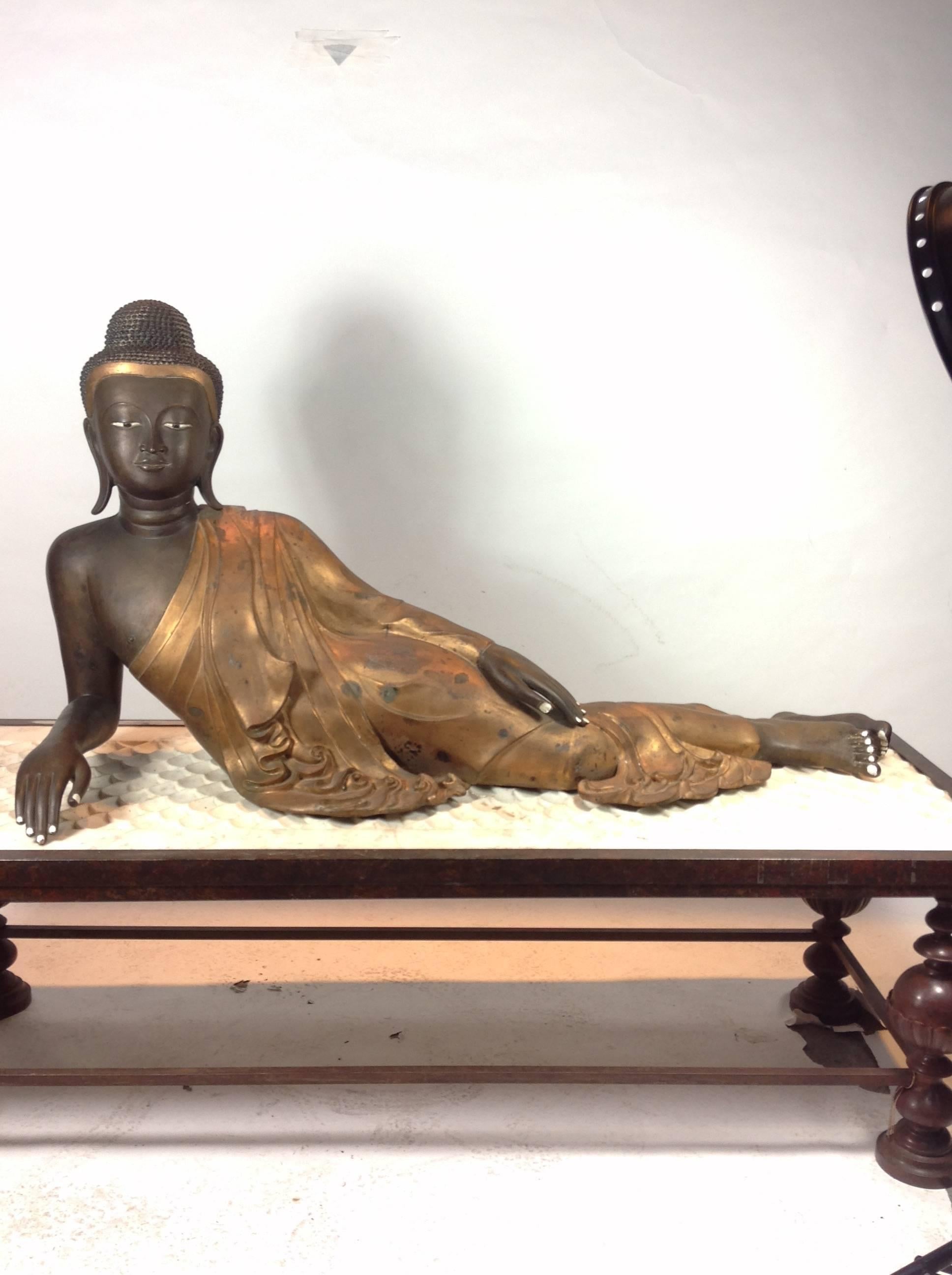 19th Century Cast Bronze Lifesize Reclining Buddha; Burmese; circa 1800s For Sale