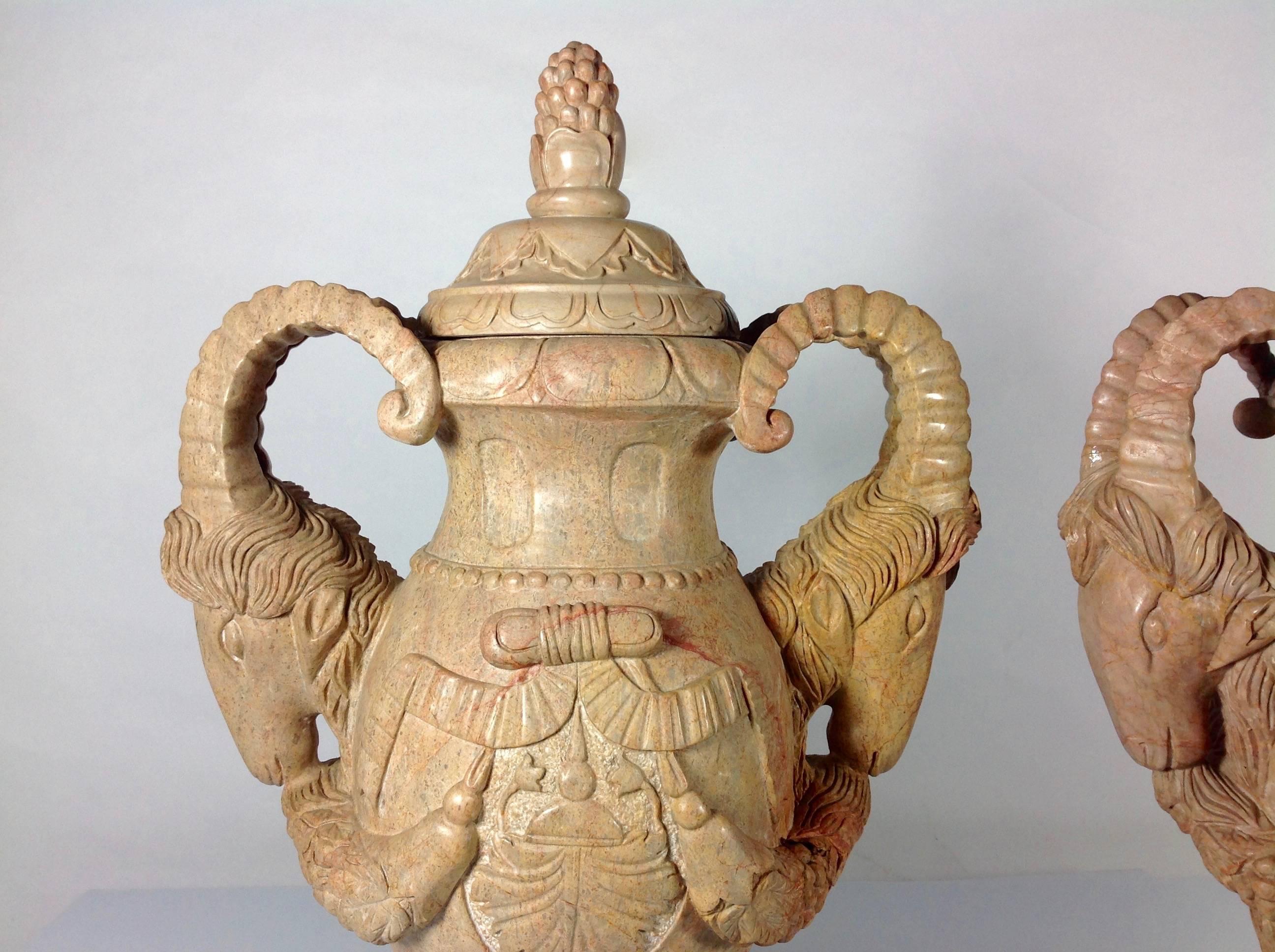 Late 20th Century Commanding Pair of Lidded Ram's Urns For Sale