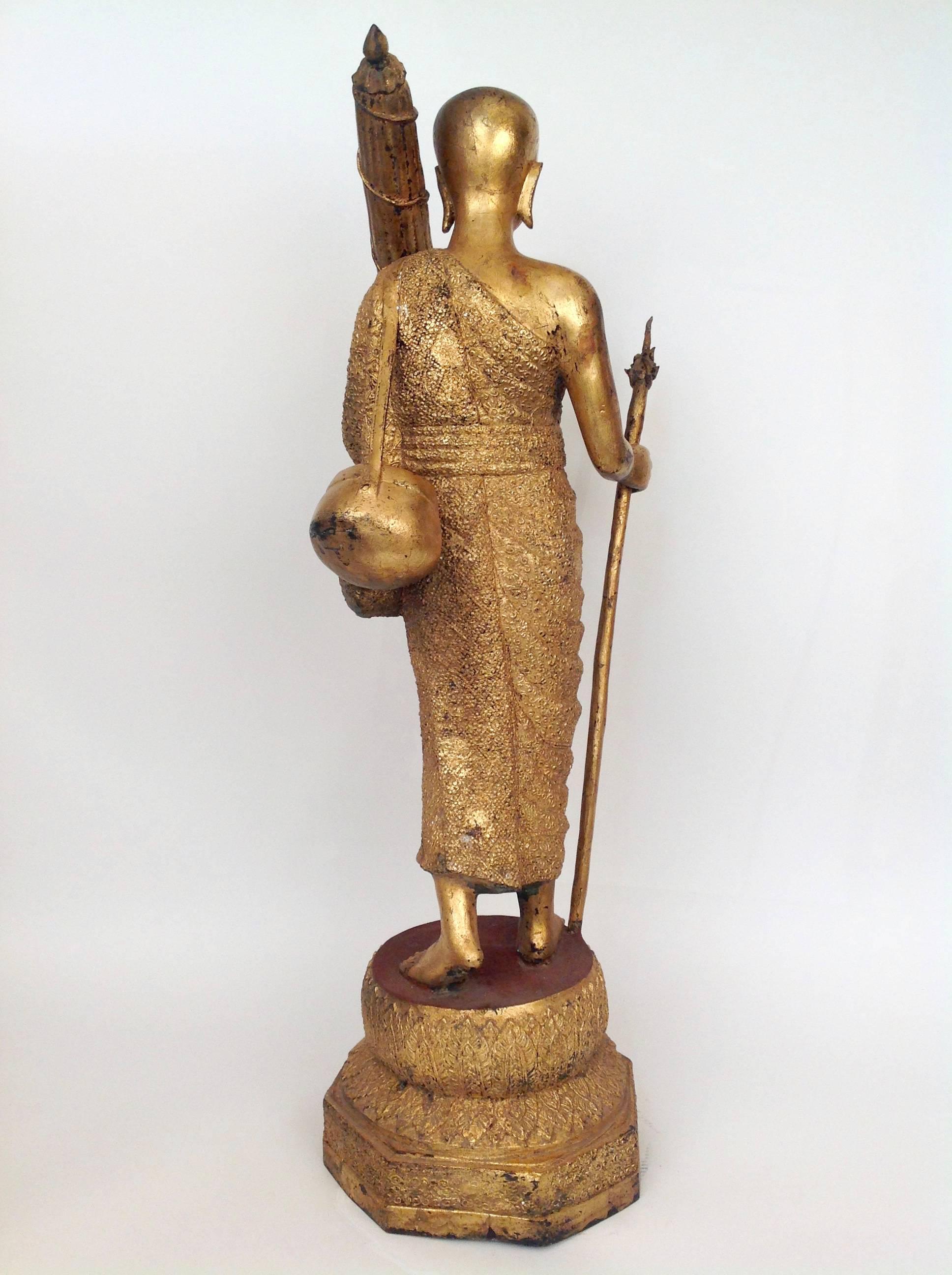 Burmese Solid Cast Bronze Traveling Monk For Sale