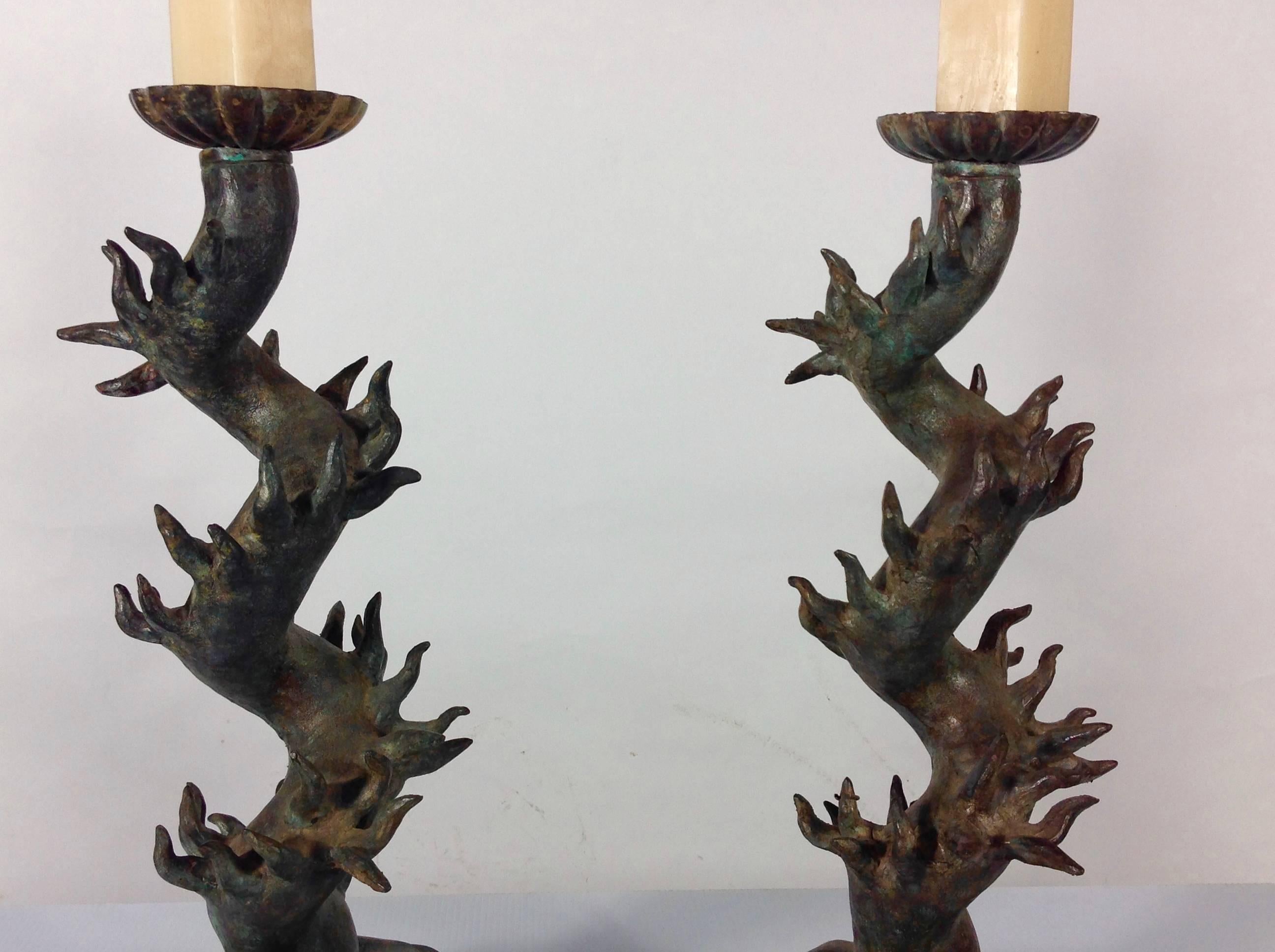 Italian Pair of Bronze Candlesticks by Luciano Tempo For Sale