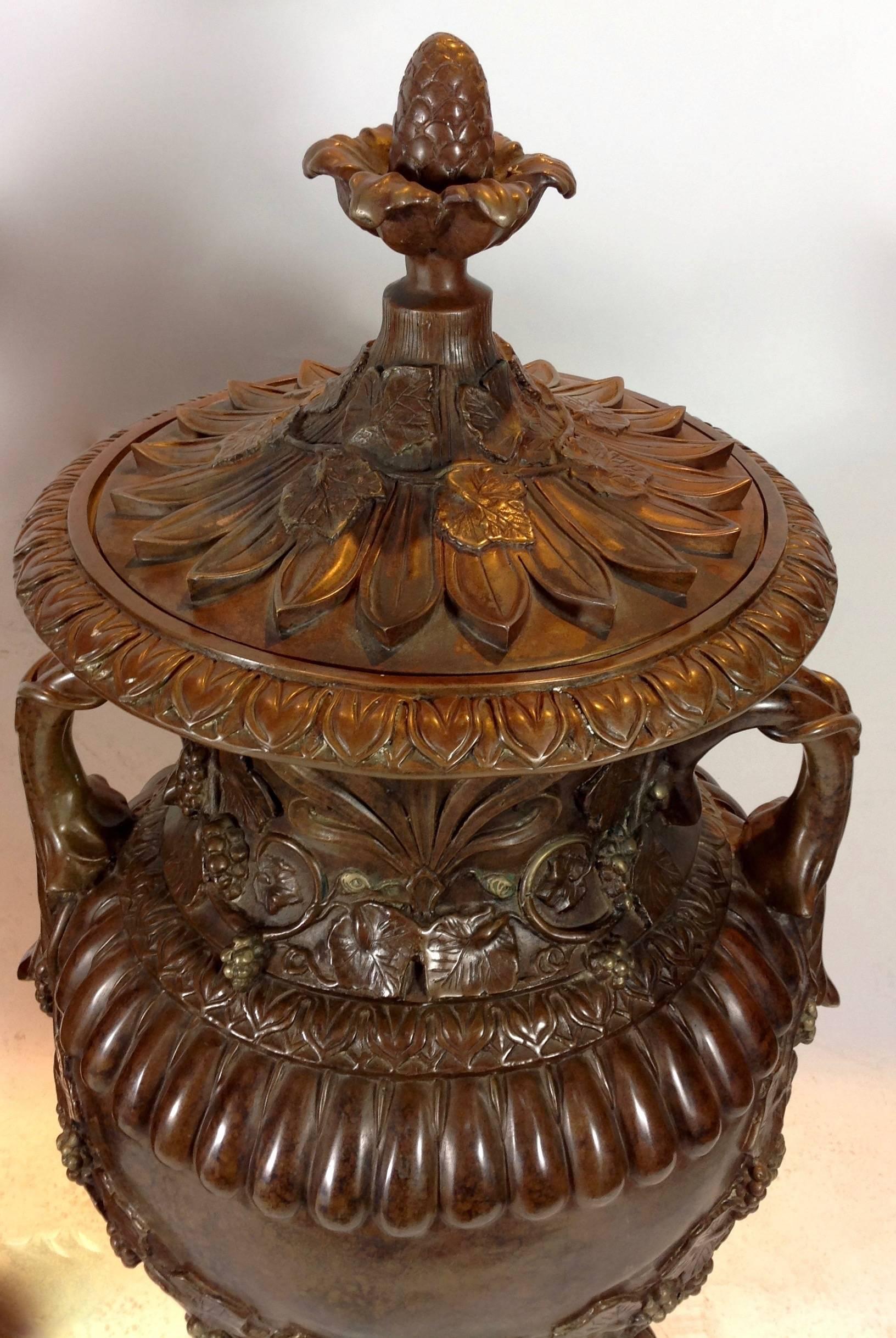 Late 20th Century Pair of Large Art Nouveau Style Bronze Lidded Urns For Sale