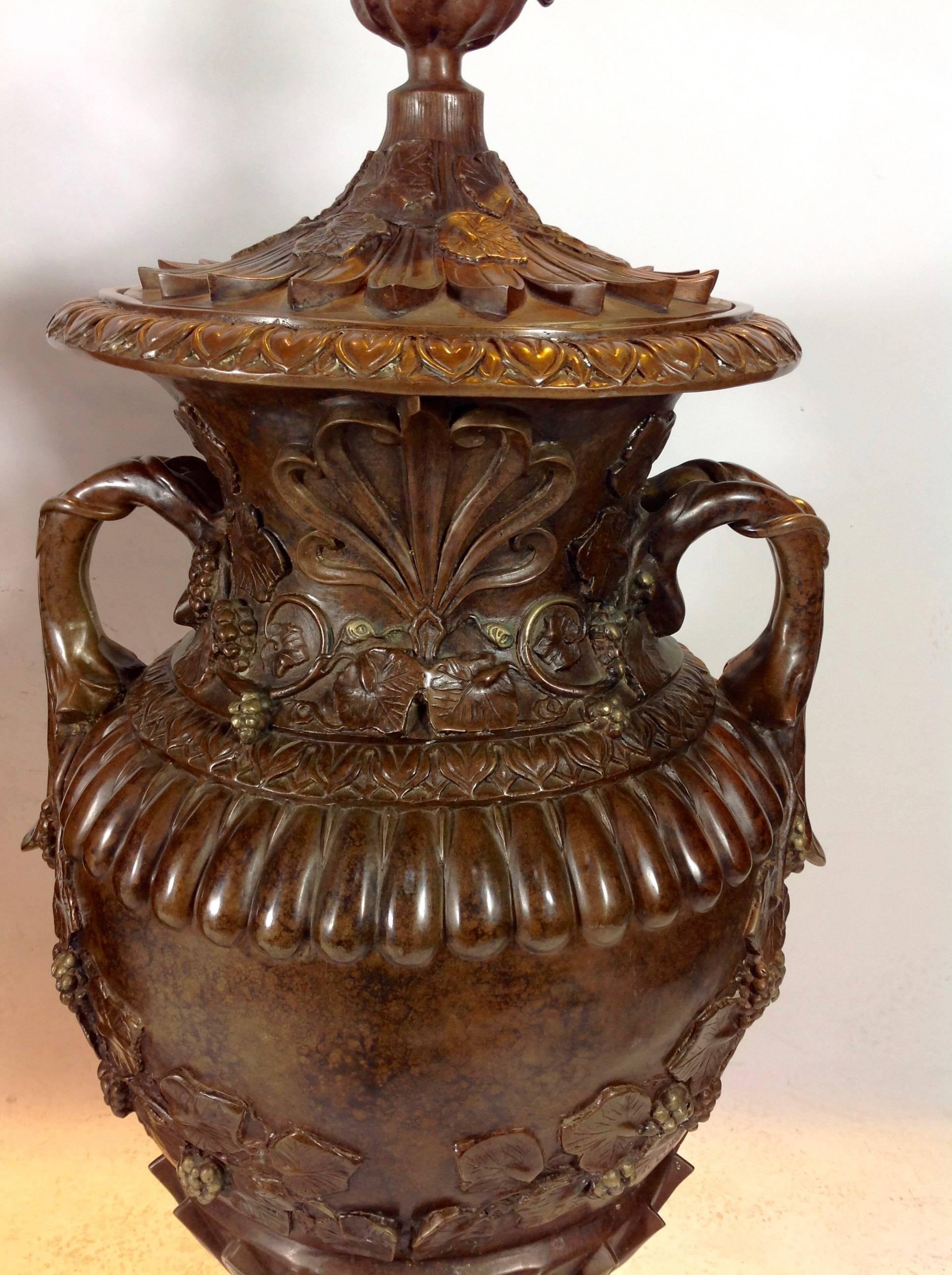 Pair of Large Art Nouveau Style Bronze Lidded Urns For Sale 1