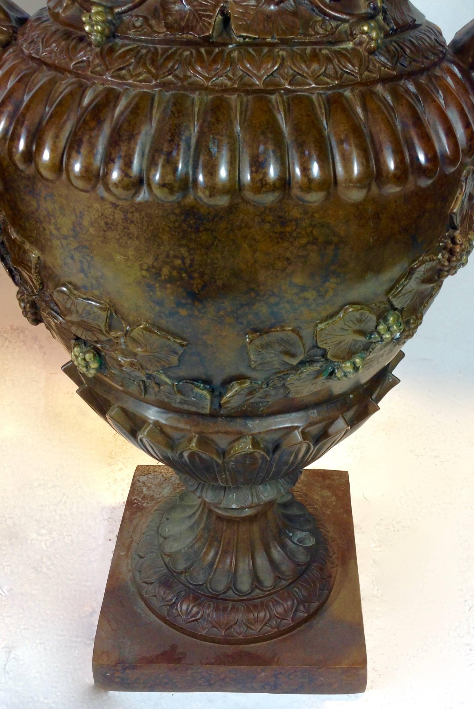 Pair of Large Art Nouveau Style Bronze Lidded Urns In Excellent Condition For Sale In San Francisco, CA