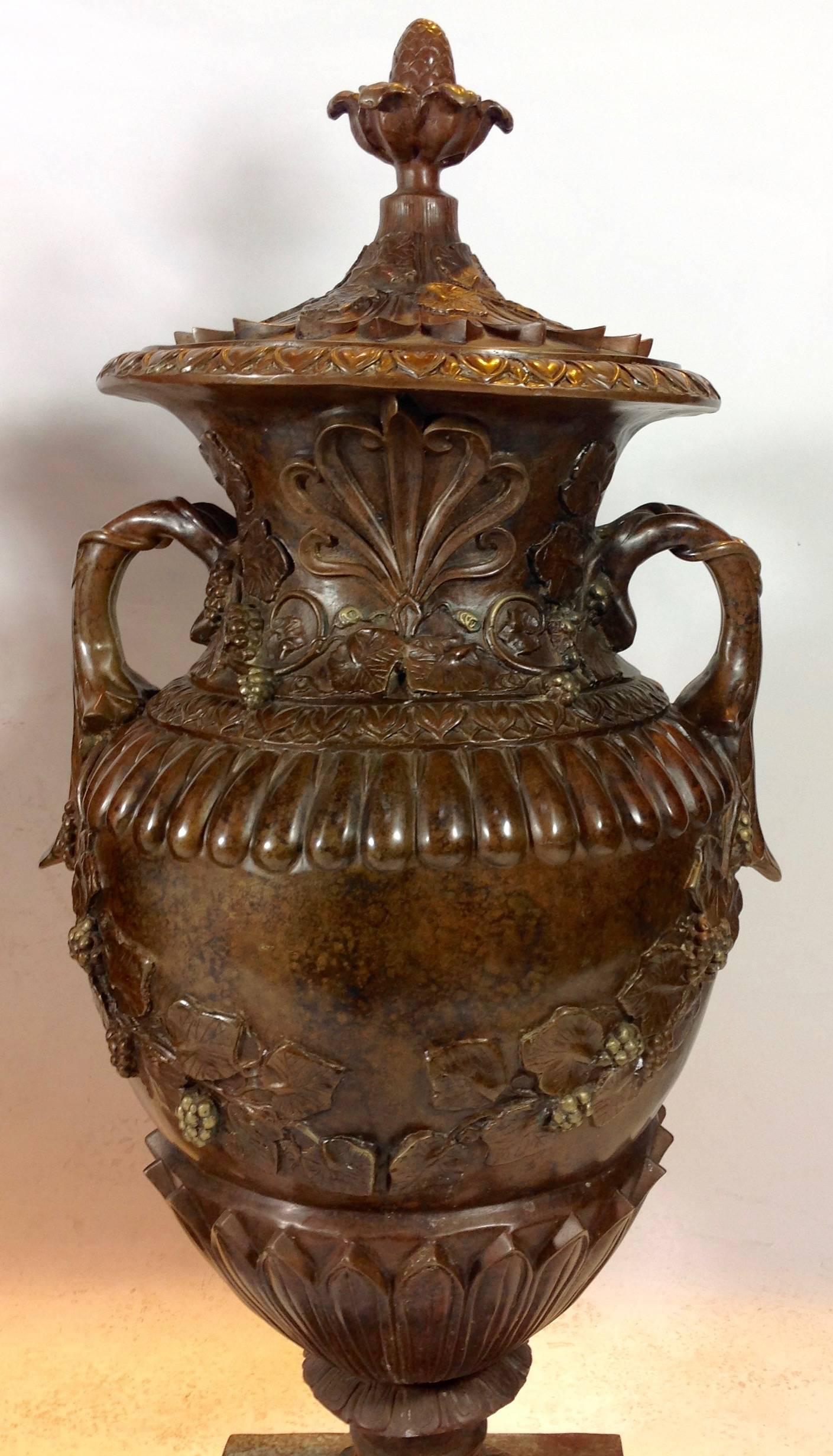 American Pair of Large Art Nouveau Style Bronze Lidded Urns For Sale