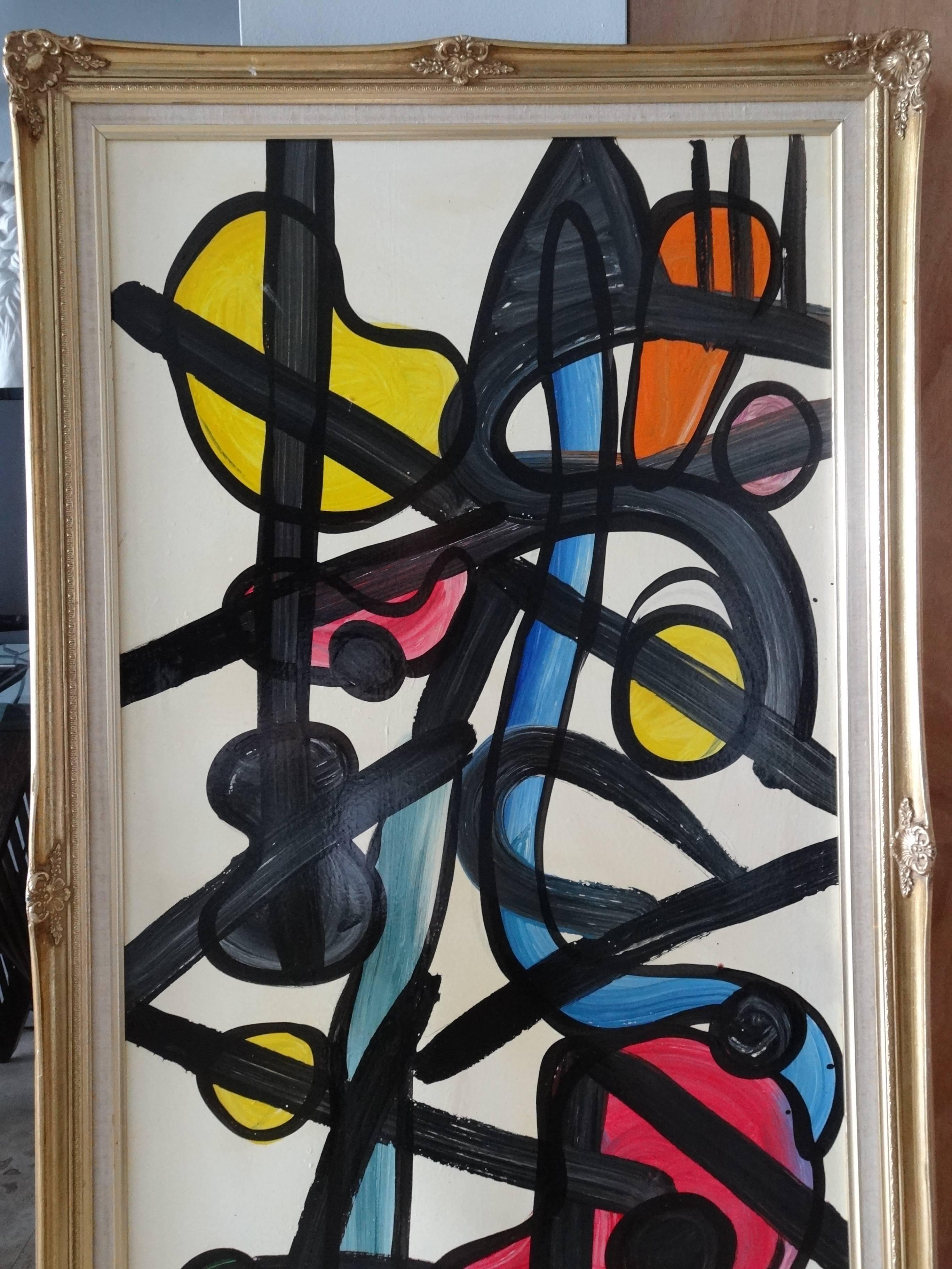Acrylic and oil Miro like abstract painting on canvas by Peter Keil. Painted 1975 in Berlin, West Germany.