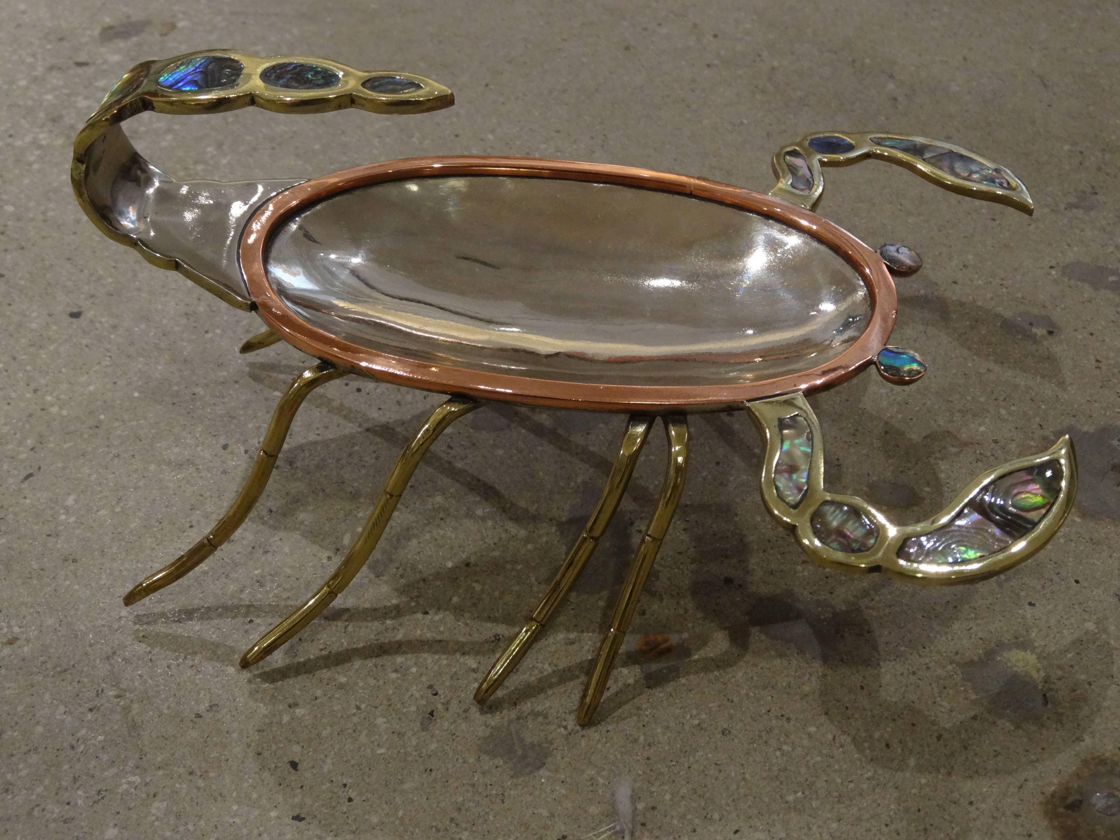 Polished Mexican Scorpion Shaped Metal and Mother pearl Dish
