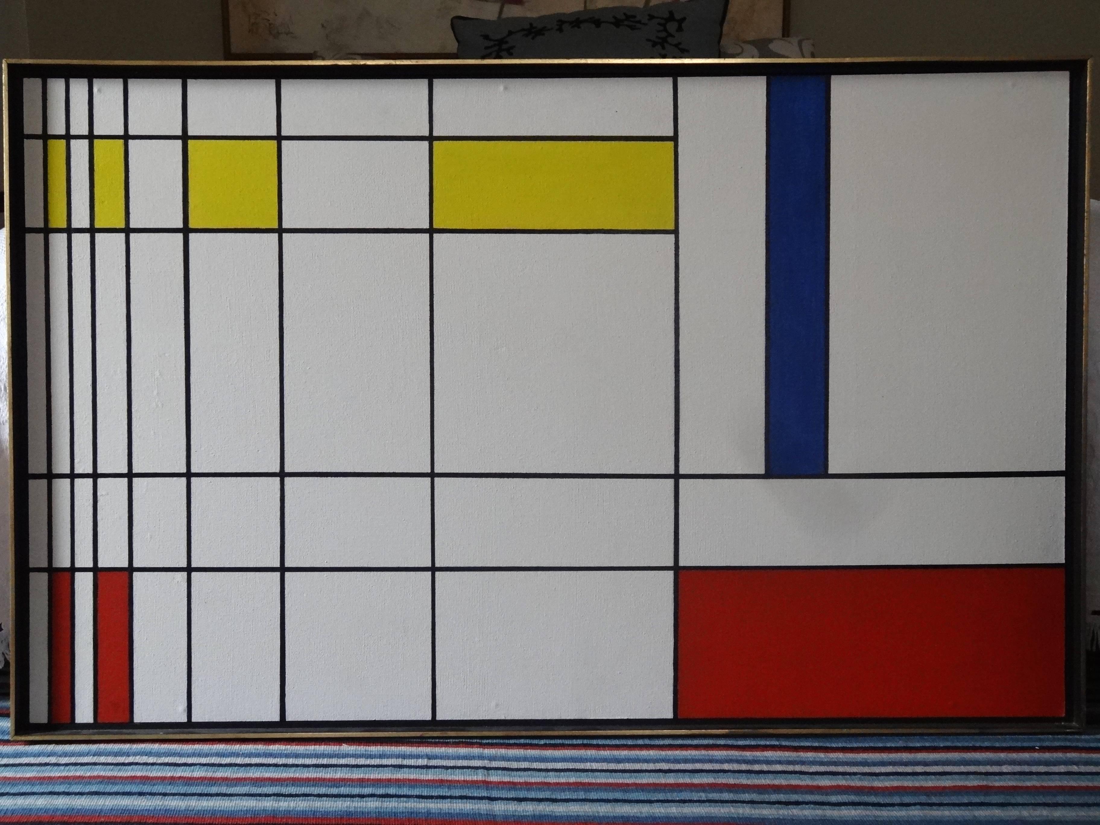 Beautiful and classy modern oil painting in style of Piet Mondrian. This piece oil painting on board. Signed Luthy 1966. Good condition.