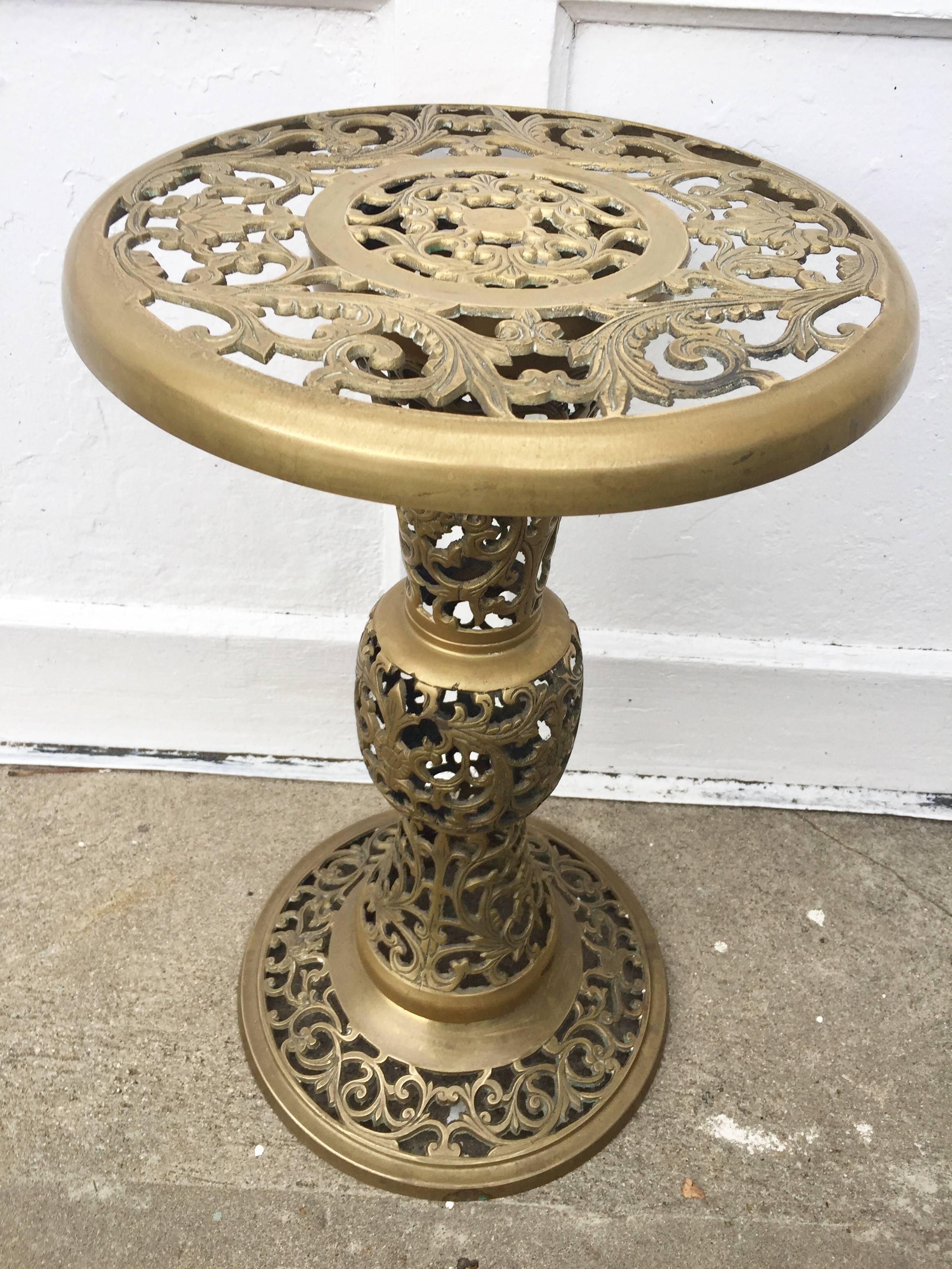 A great pair of Asian Modern pierced brass sidetables or drinks tables.
Beautifully formed and designed.
An unusual find to have a pair!!
 