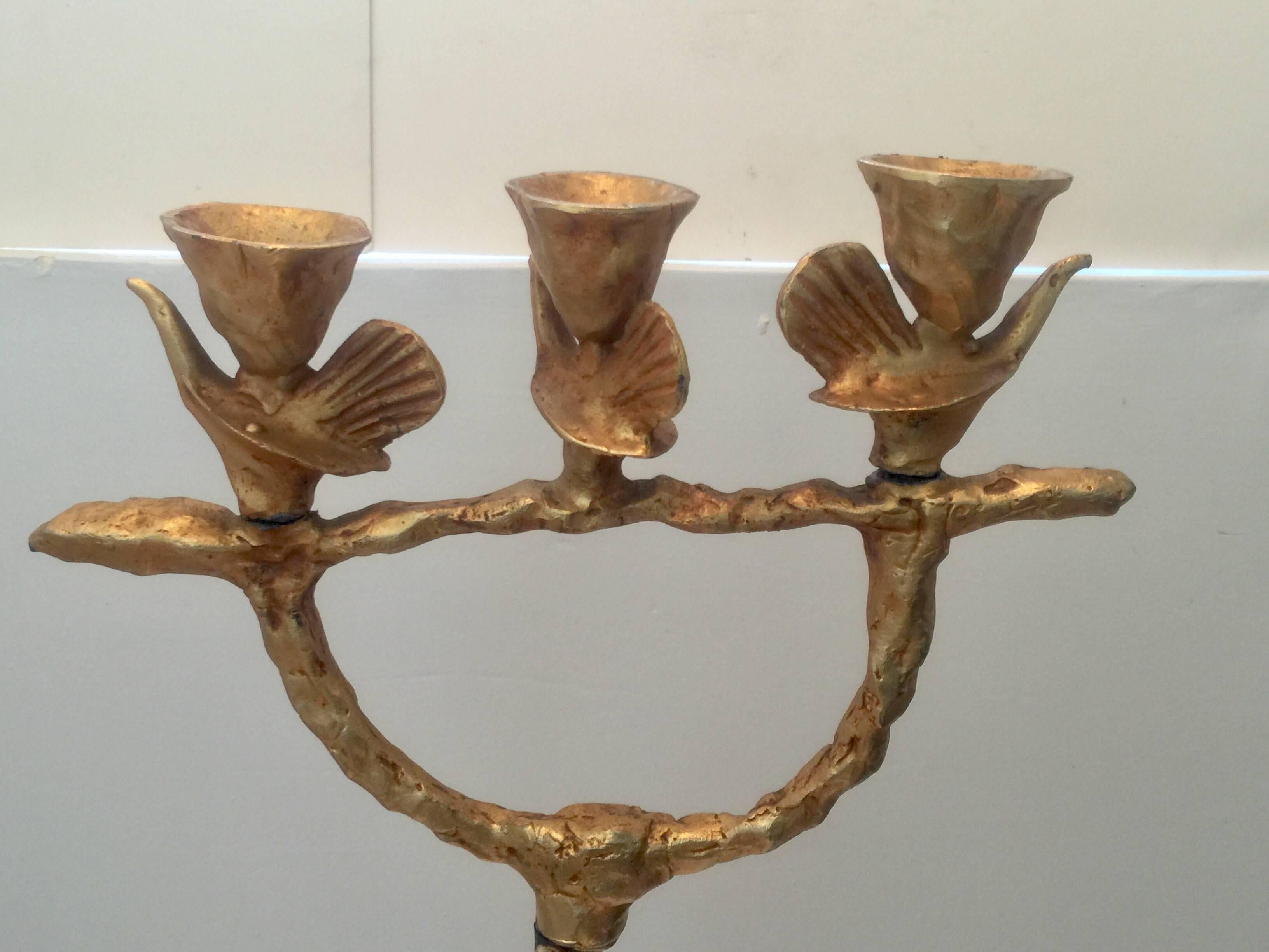 Gilded bronze candleholder by Pierre Casenove. Signed on the bottom piece. Has some wear on some joints.