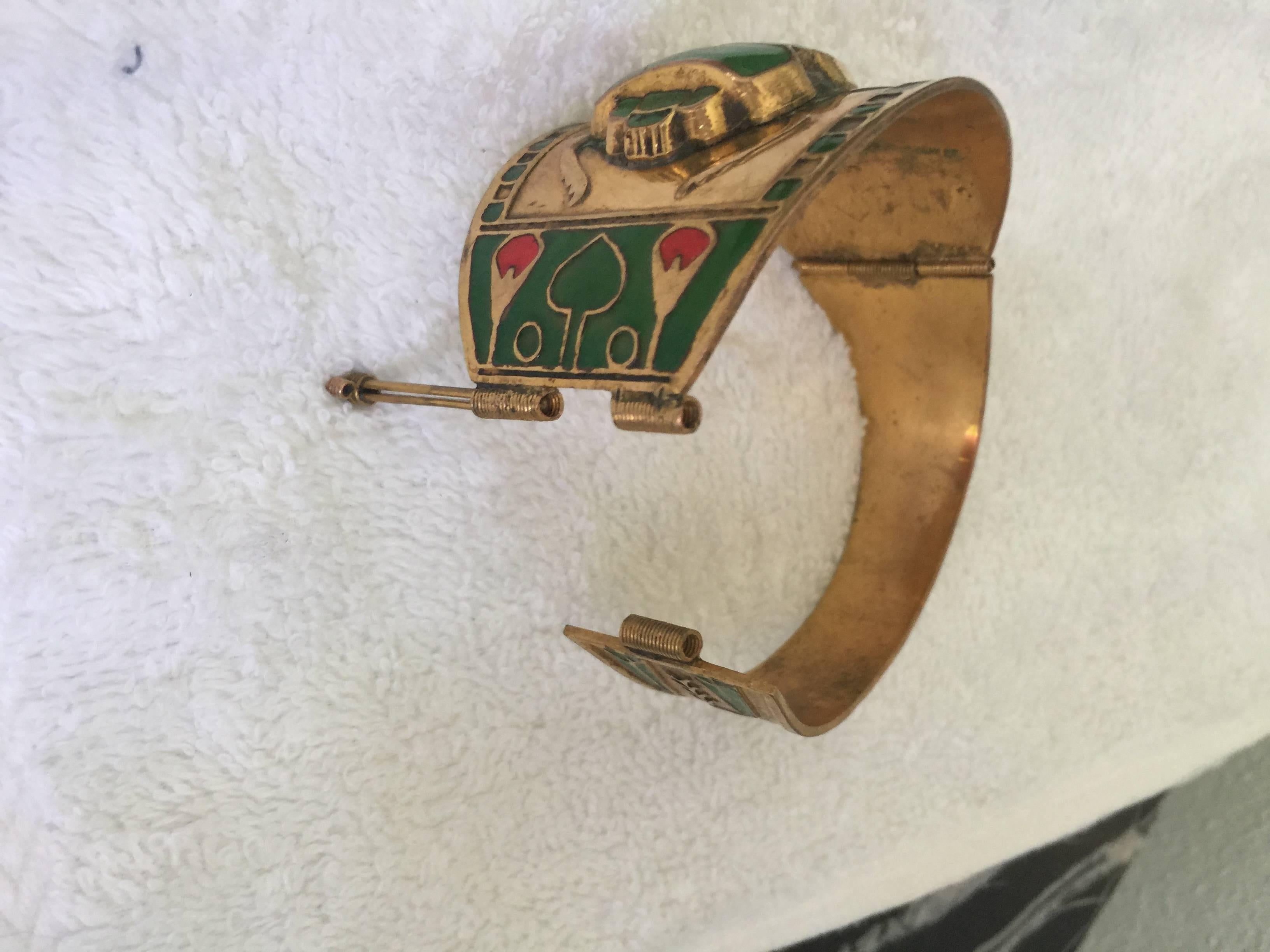 Unknown Egyptian Revival Brass or Enamel Scarab Cuff Bracelet