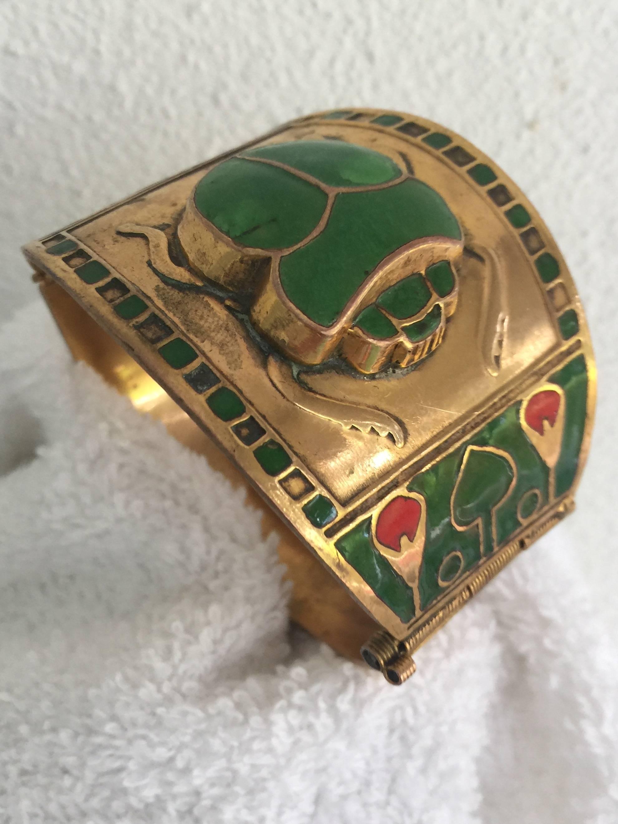 Egyptian Revival Brass or Enamel Scarab Cuff Bracelet In Excellent Condition In North Miami, FL