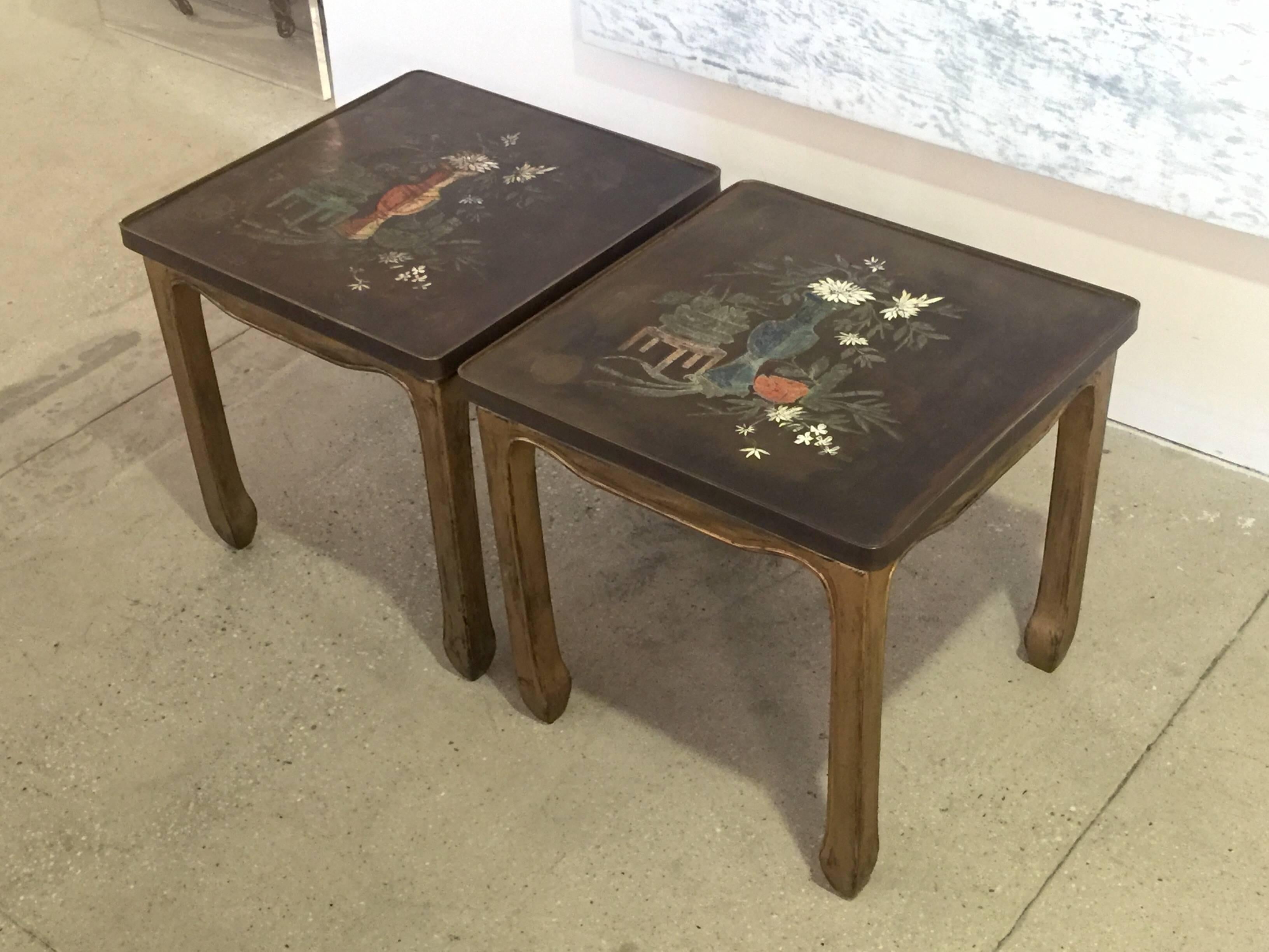 A pair of tables by Philip and Kelvin LaVerne.
A most unusual pair having custom wood gilded bases.
The gilded bases compliments the etched bronze tops.
There’s an extra bit of glamour added to the appearance of this pair.

 