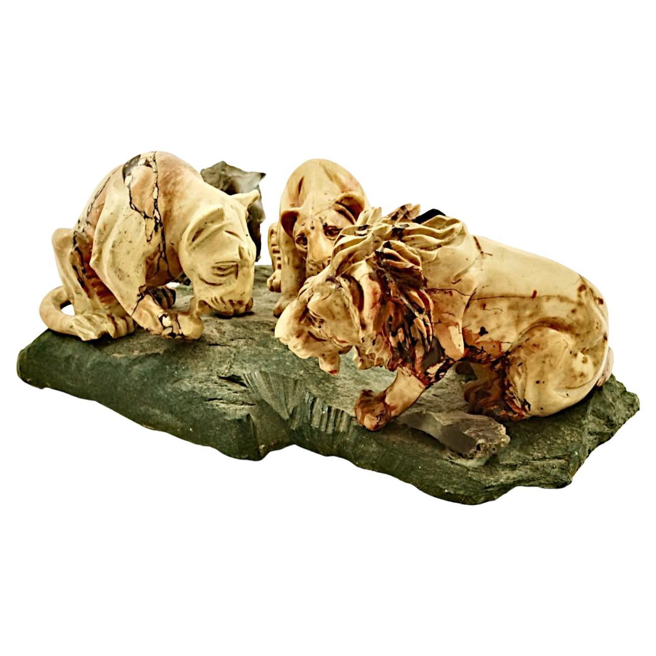 Large African Lion Family Carved Stone Sculpture For Sale