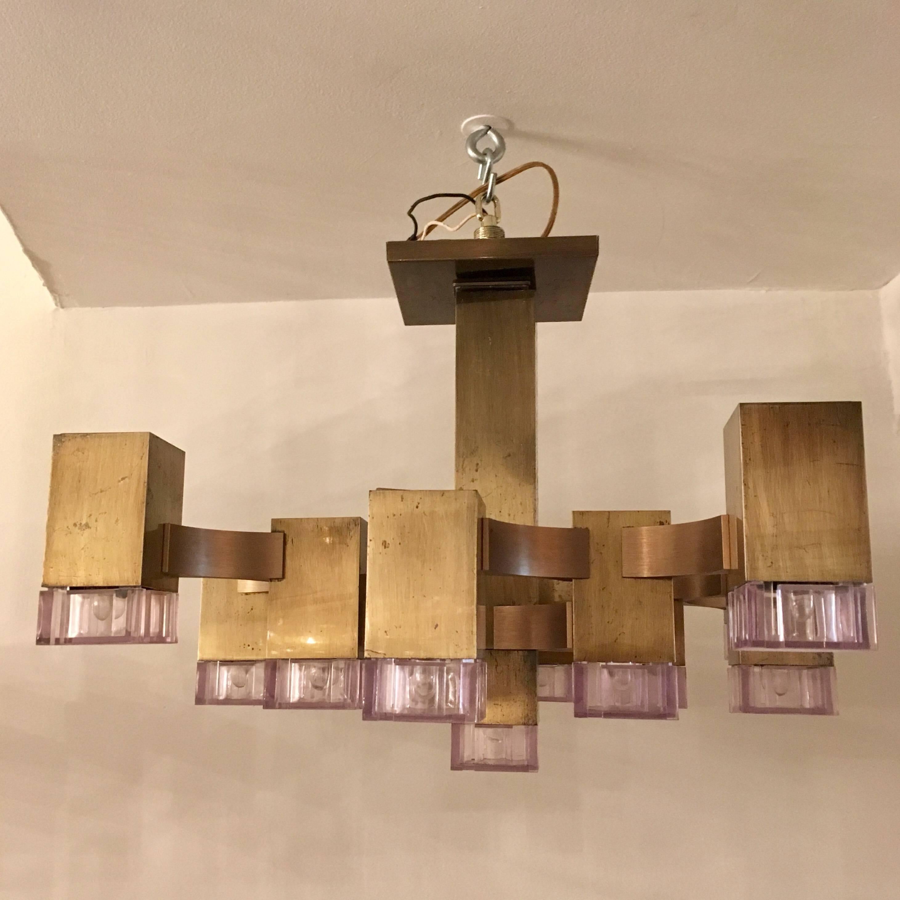 An original 1960s Italian aged brass cubic thirteen-light chandelier by Gaetano Sciolari . Newly rewired .