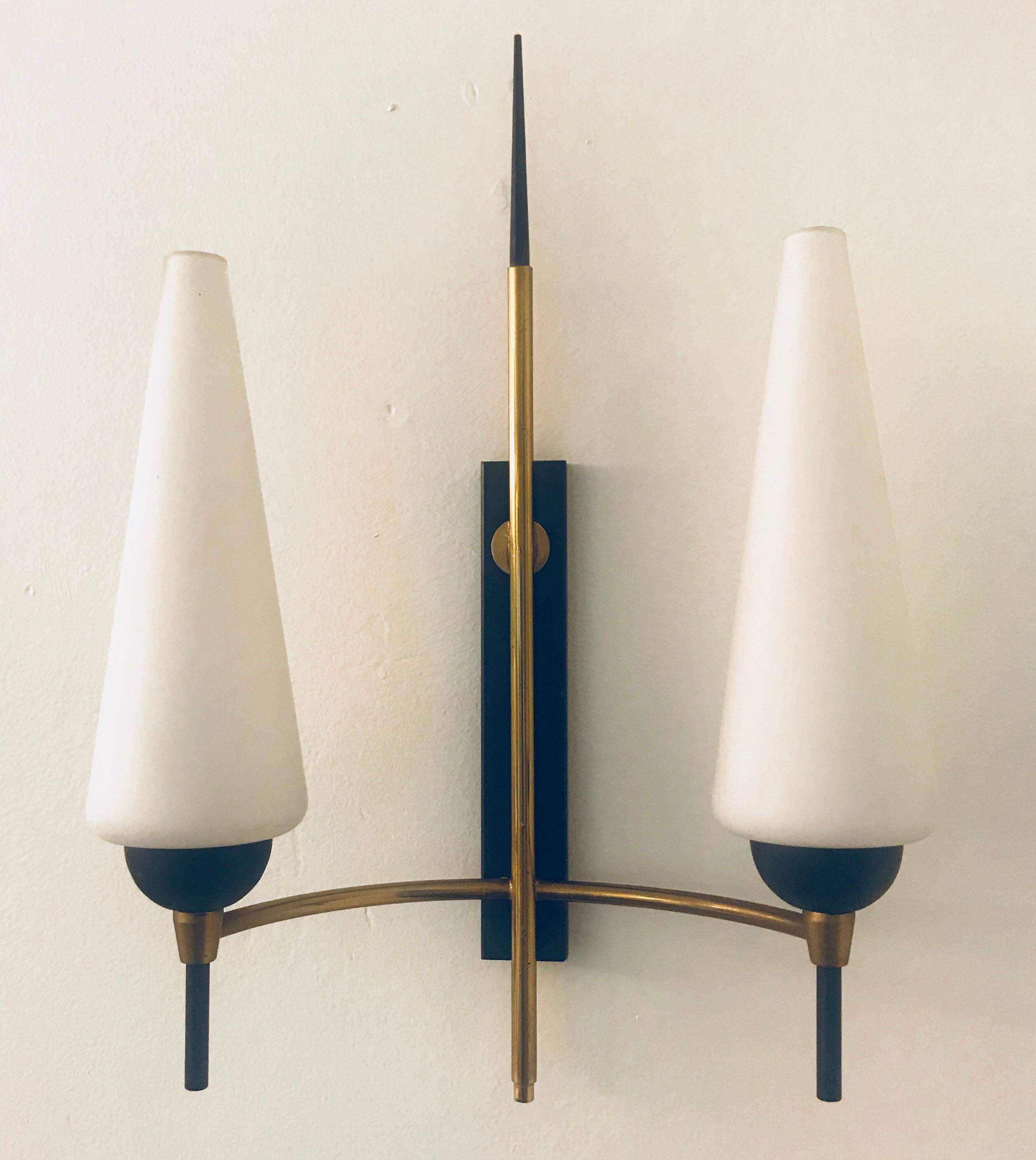 Brass Pair of French Lunel, 1960s Midcentury Wall Lights