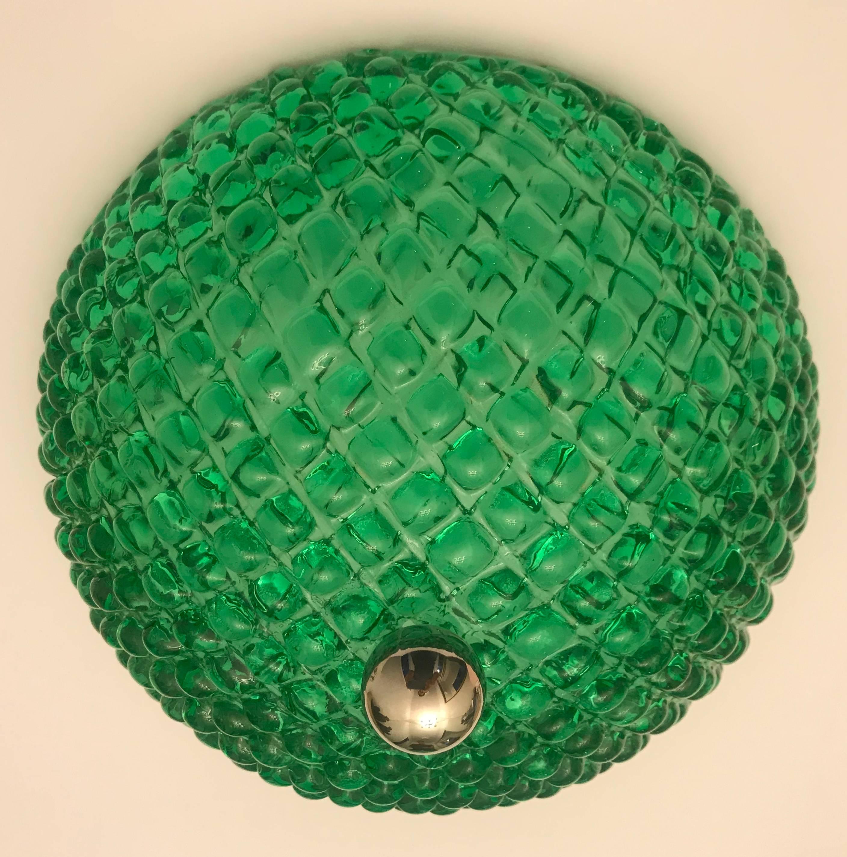 Pair of 1960s Murano Glass Emerald Green Flush Ceiling Lights In Excellent Condition In New York, NY