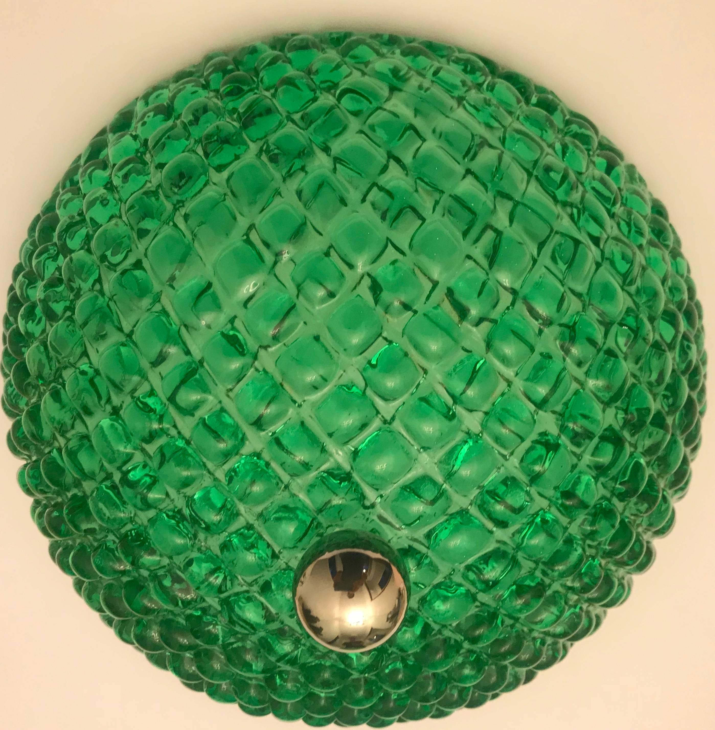 Pair of 1960s Murano Glass Emerald Green Flush Ceiling Lights 3