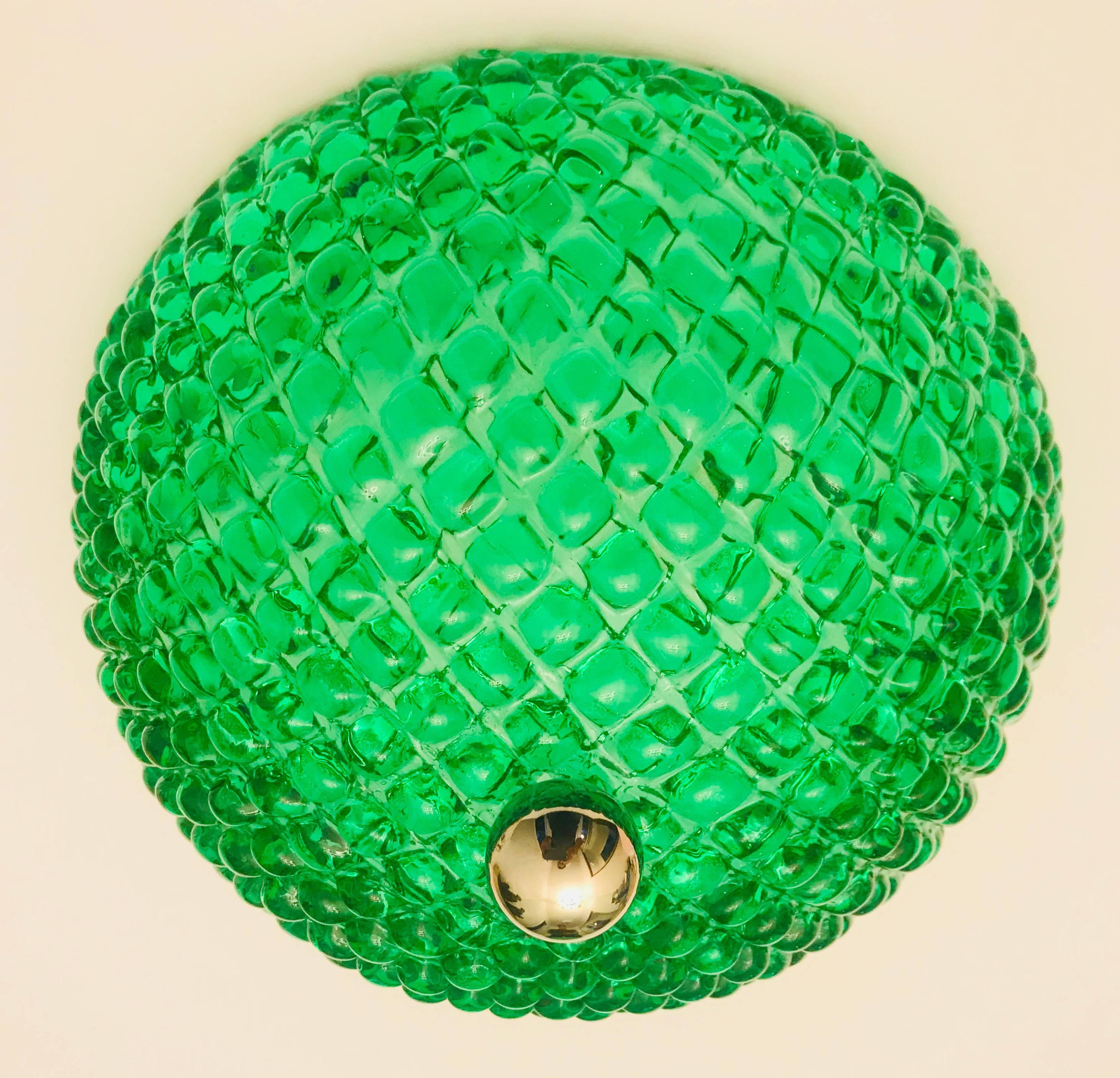 Mid-20th Century Pair of 1960s Murano Glass Emerald Green Flush Ceiling Lights