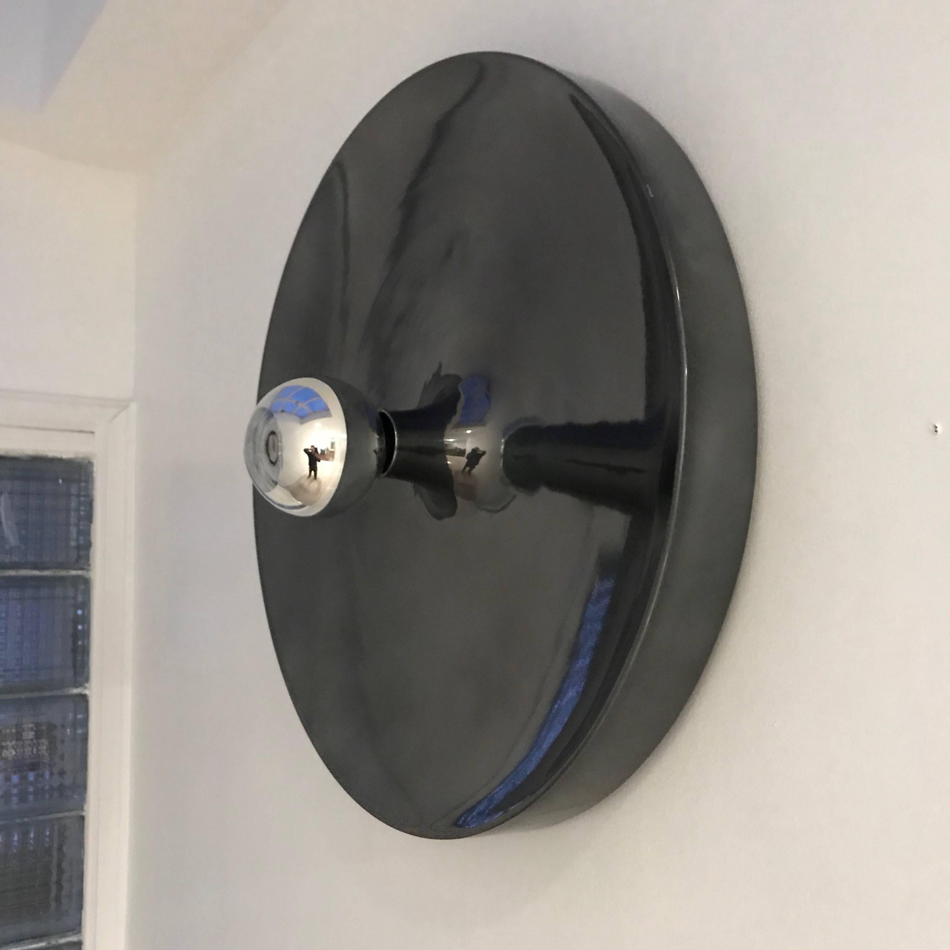 An extra large polished smoked grey with mirror enamel finish German Space Age flush ceiling light. Can be used on the wall or ceiling. Rewired. Standard base bulb. Made by Honsel Leuchten. French designer, Charlotte Perriand used the light in the