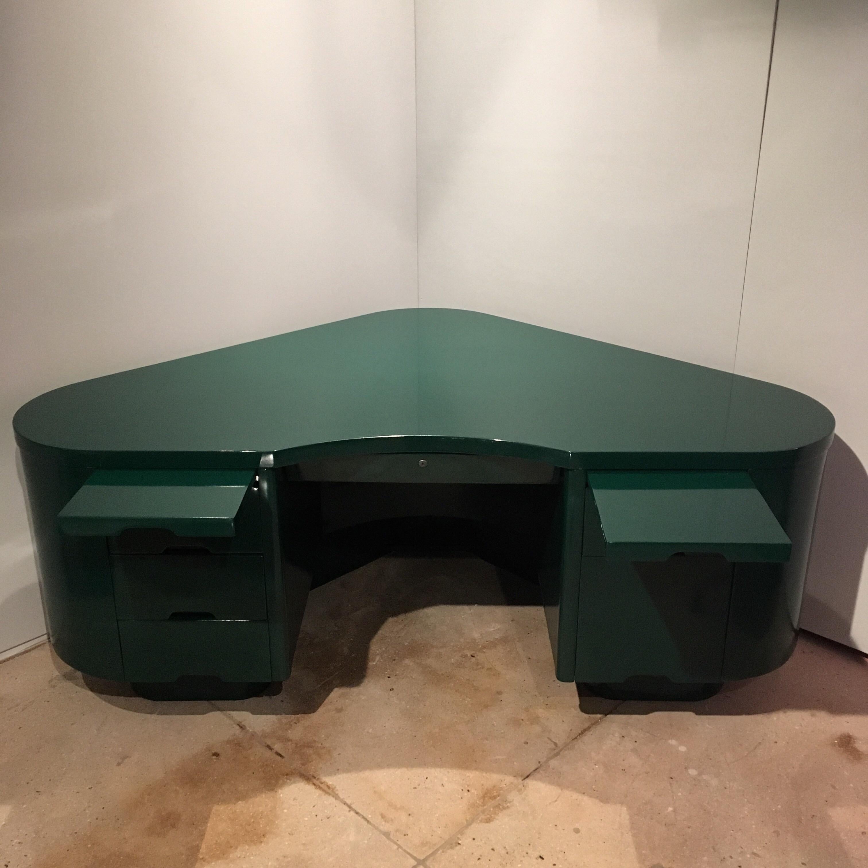 An iconic American Art Deco desk originally designed by Hughes Aircraft circa 1920 by Fletcher Aviation. An early model with a 