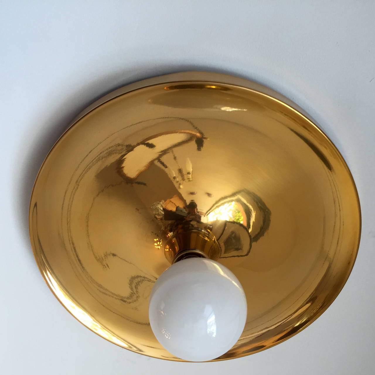 A large gold-plated brass German Space Age flush ceiling light. Rewired. Standard base bulb. Made by Honsel Leuchten.