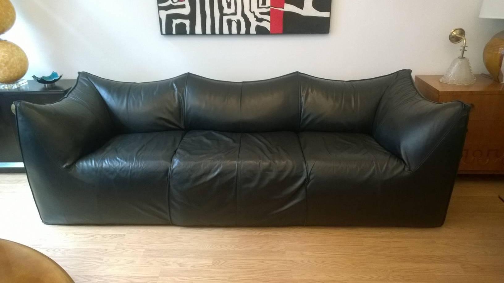 An original 1970s black leather sofa designed by Mario Bellini, circa 1973. Extremely comfortable and very high quality with thick leather. The design received the 