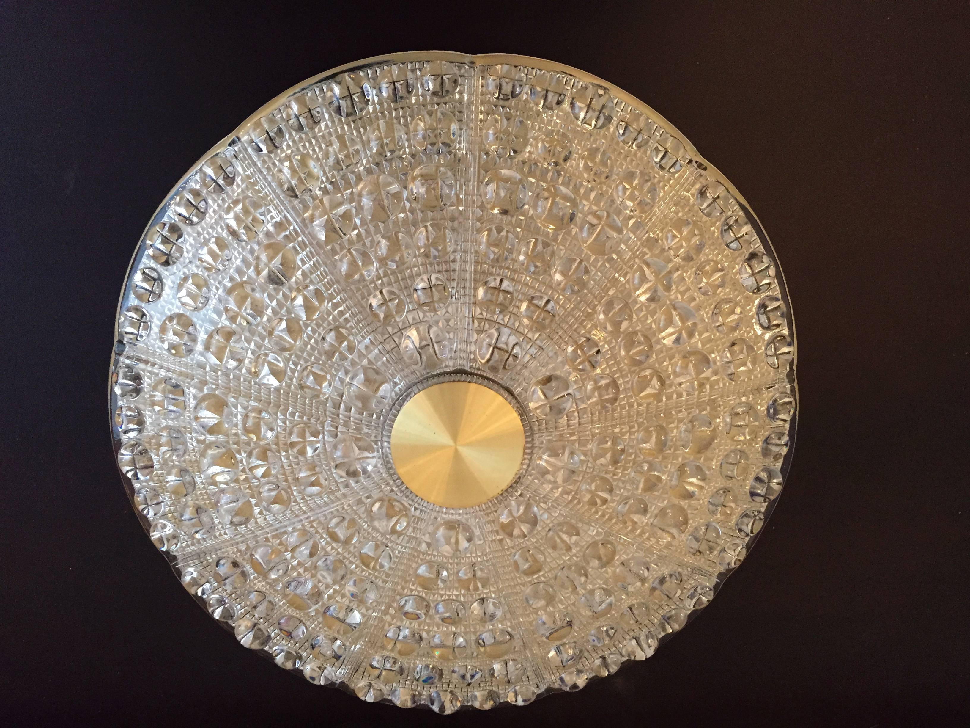 A great 1950s Swedish Orrefors glass flush ceiling light. Rewired.