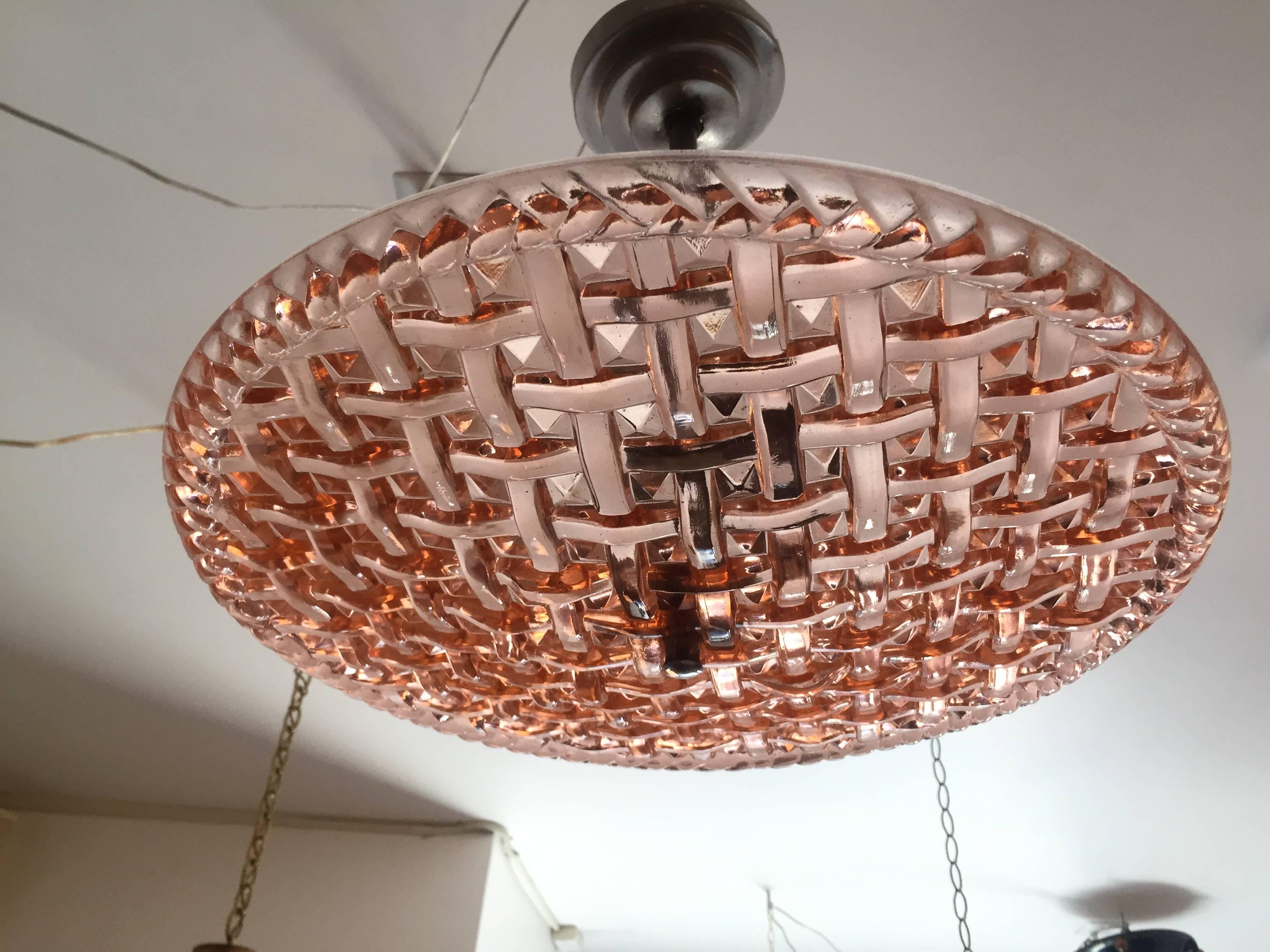 An original signed 1930s French Art Deco molded glass and chrome hanging pendant of flush ceiling light. Three light sources and rewired. We can adjust the pole to make longer of more flush to the ceiling if needed.