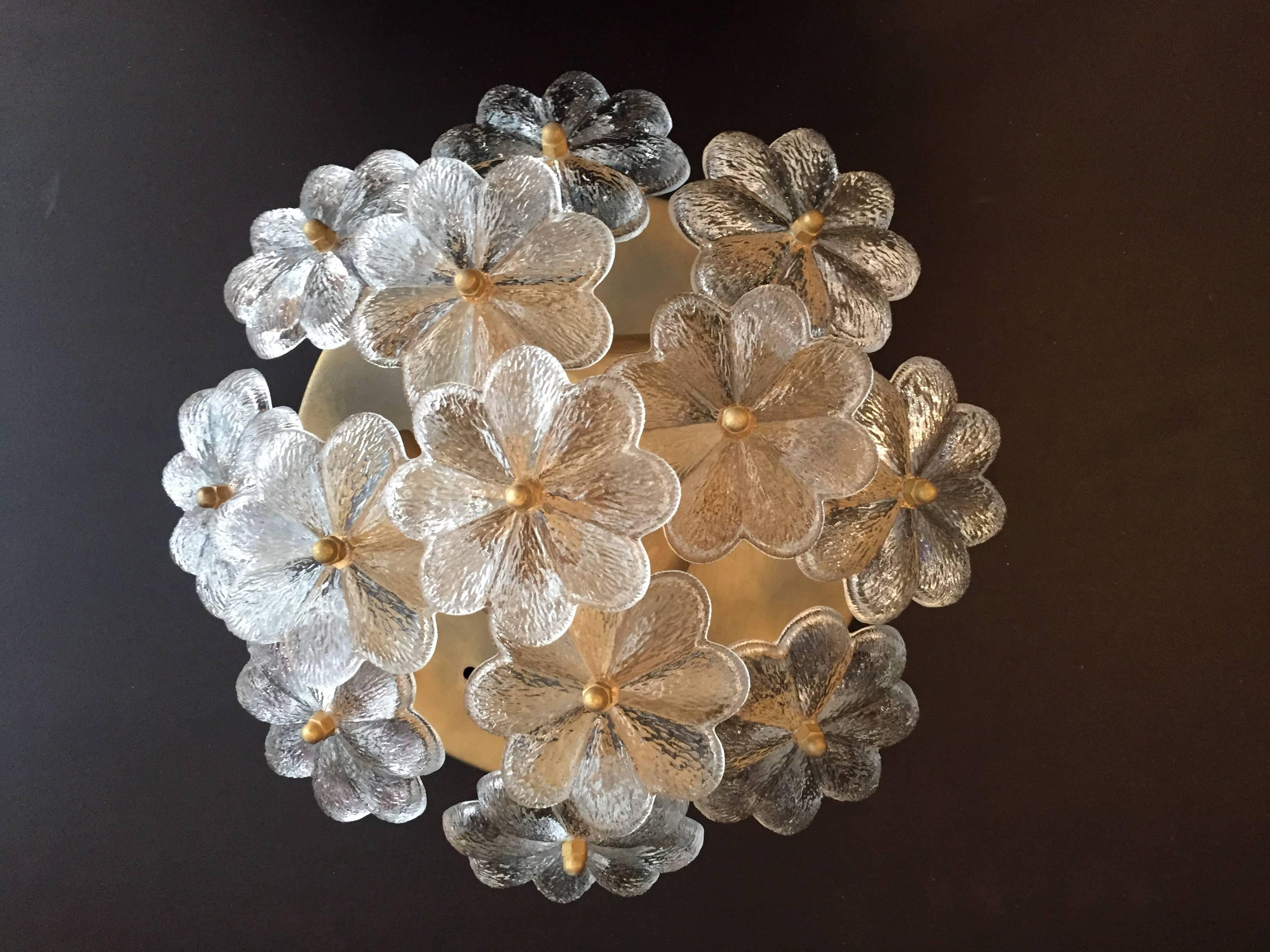 A wonderful 1950s Austrian glass flush light with a satin brass fixture and floral glass elements. Rewired.