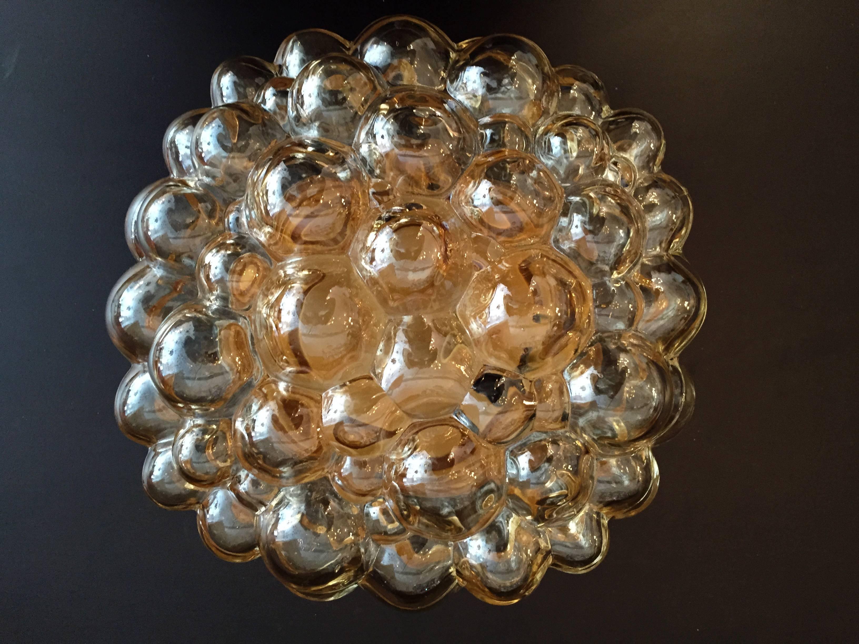 A great set of light amber bubble glass flush ceiling or wall lights by Helena Tynell for Limburg glass, 1960. Rewired.