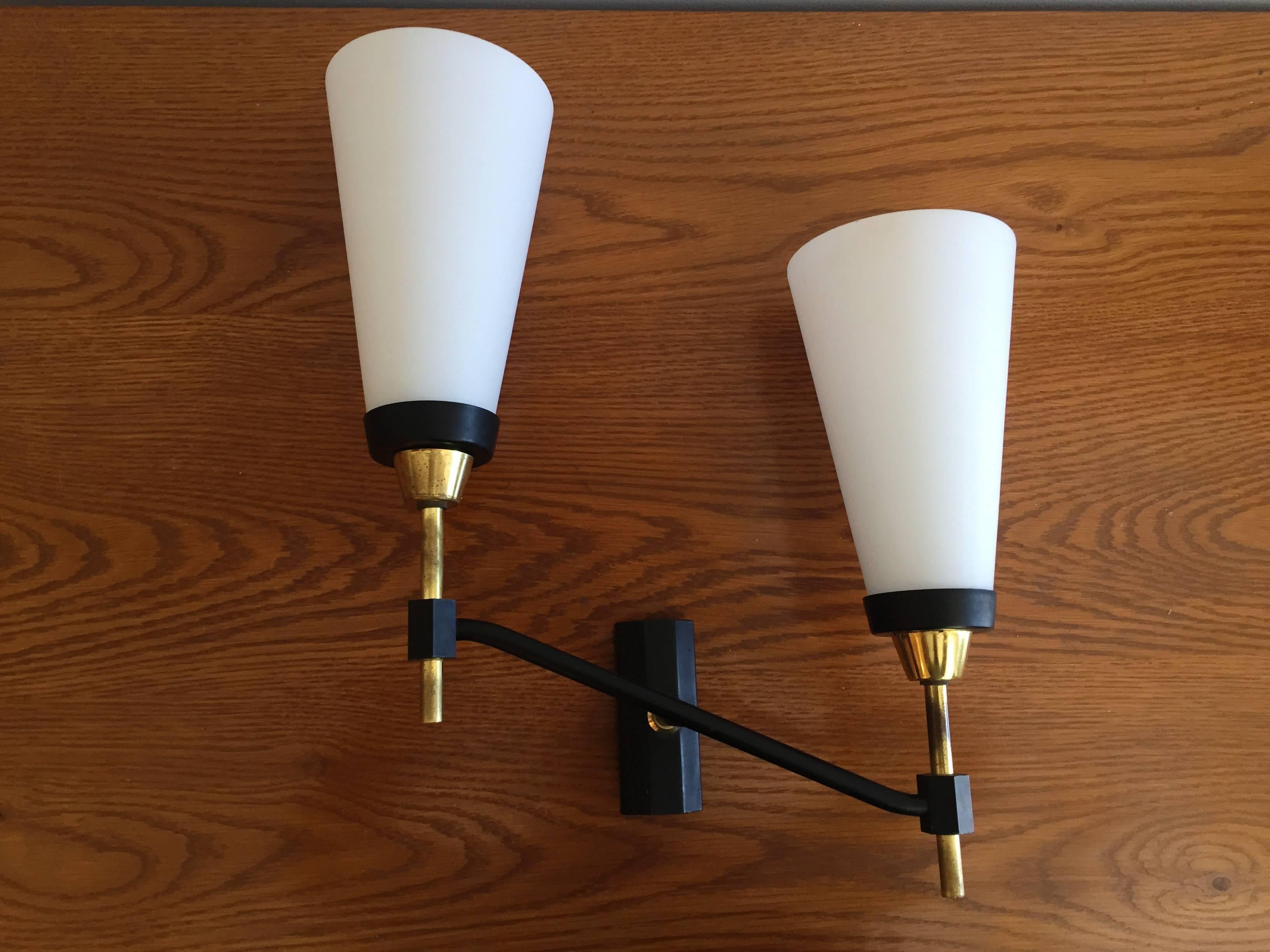 Mid-20th Century Large Set of Three French 1950s Lunel Wall Lights For Sale