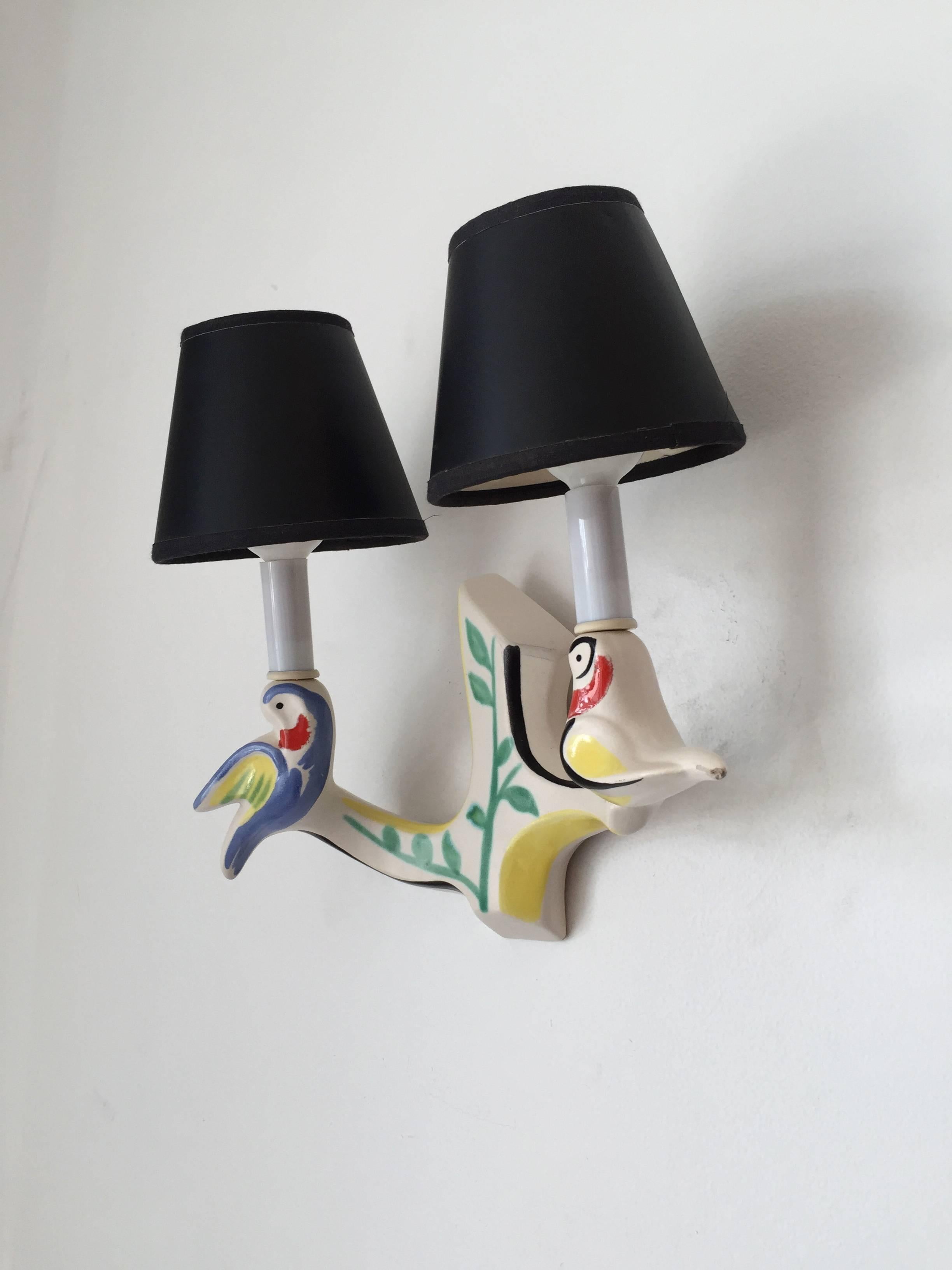 Pair of French, 1950s Art Pottery Wall Lights Jouve  Style In Excellent Condition In New York, NY