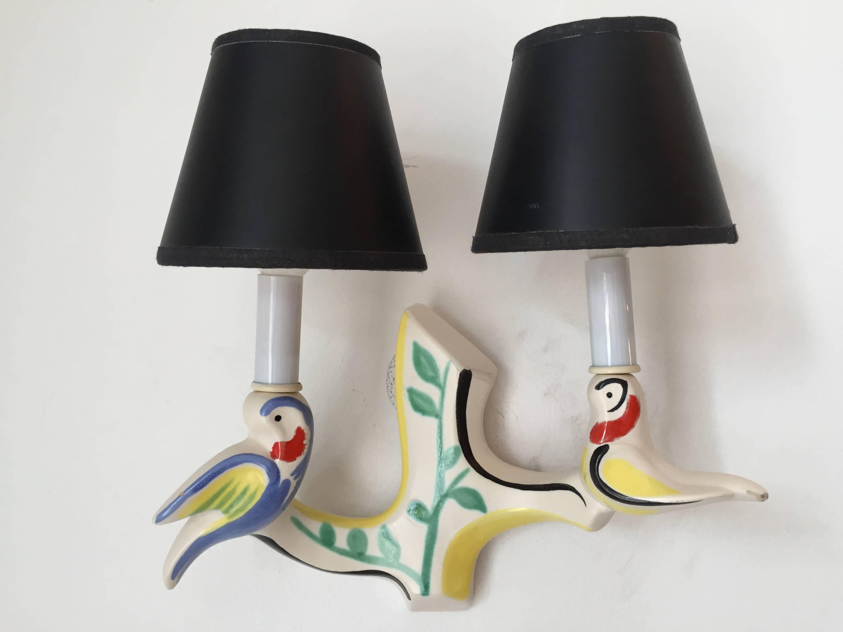 Pair of French, 1950s Art Pottery Wall Lights Jouve  Style 2