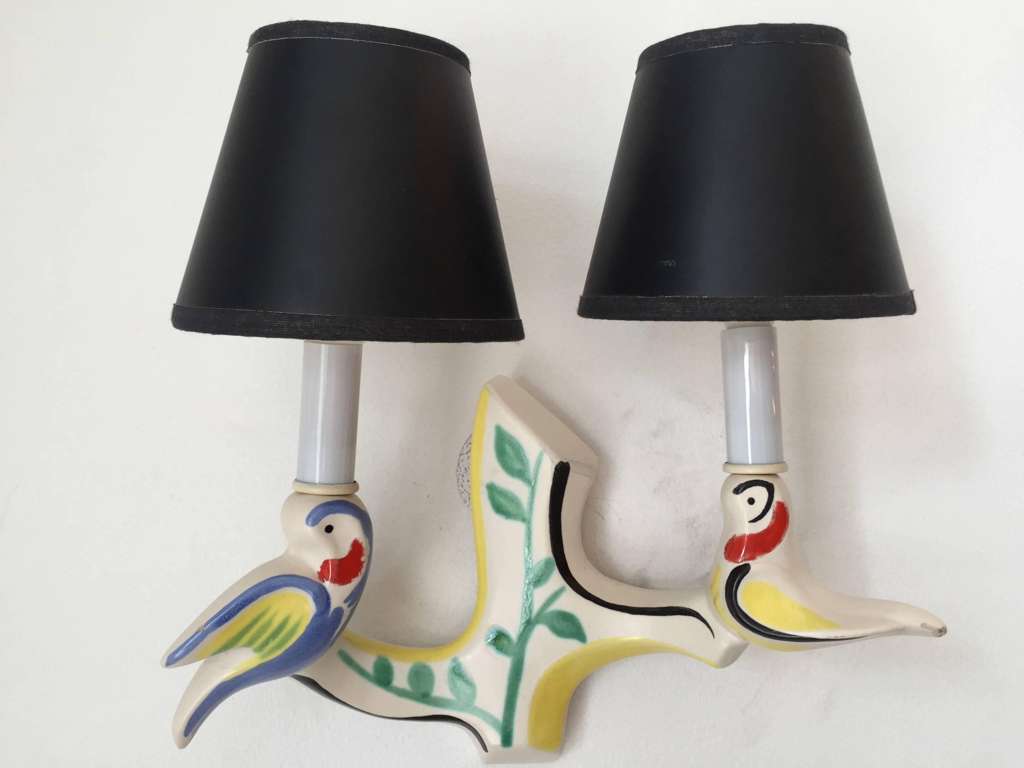 Pair of French, 1950s Art Pottery Wall Lights Jouve  Style 3