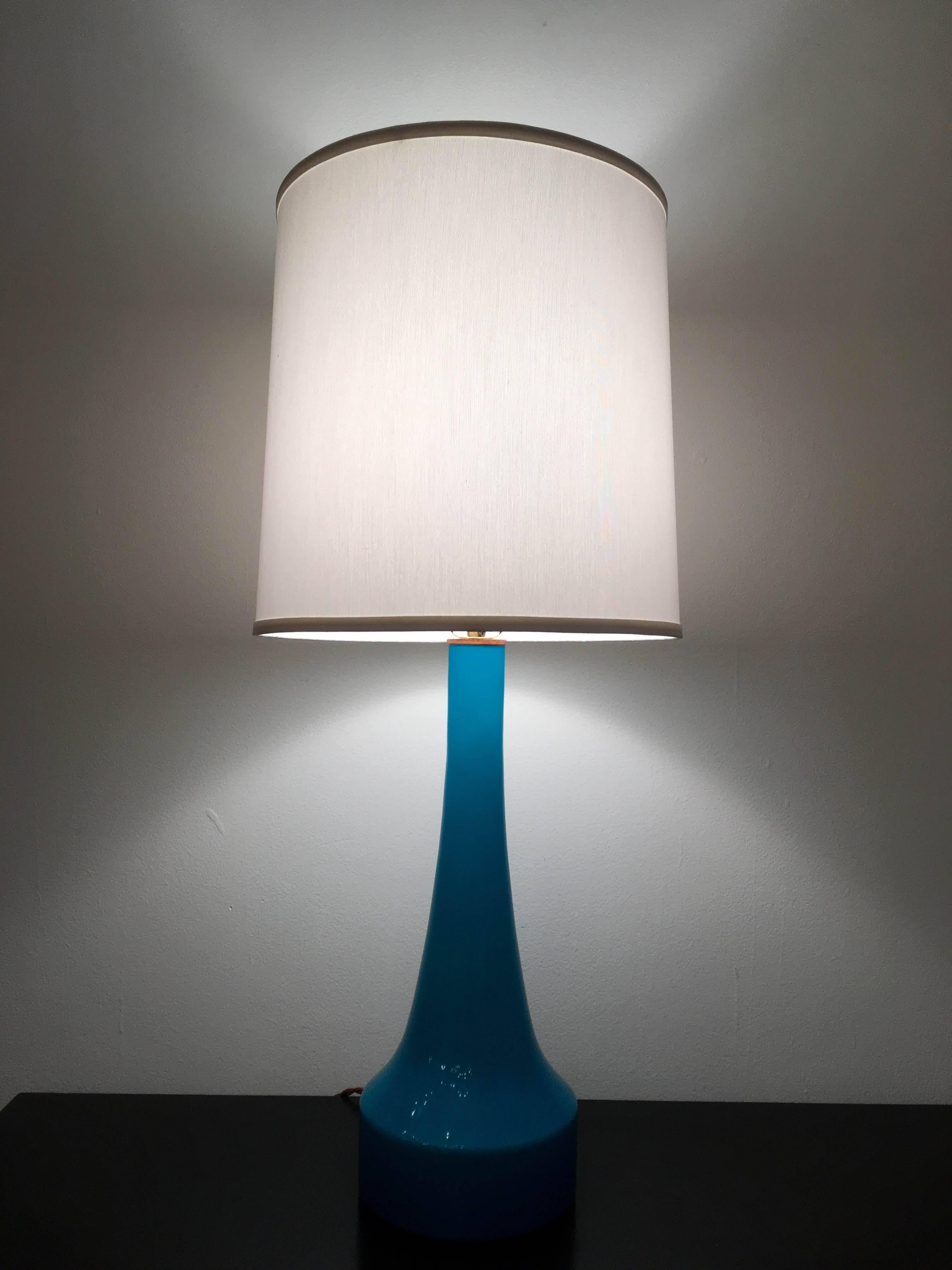 Brass Pair of Swedish Holmegaard Blue Glass Table Lamps, 1960s