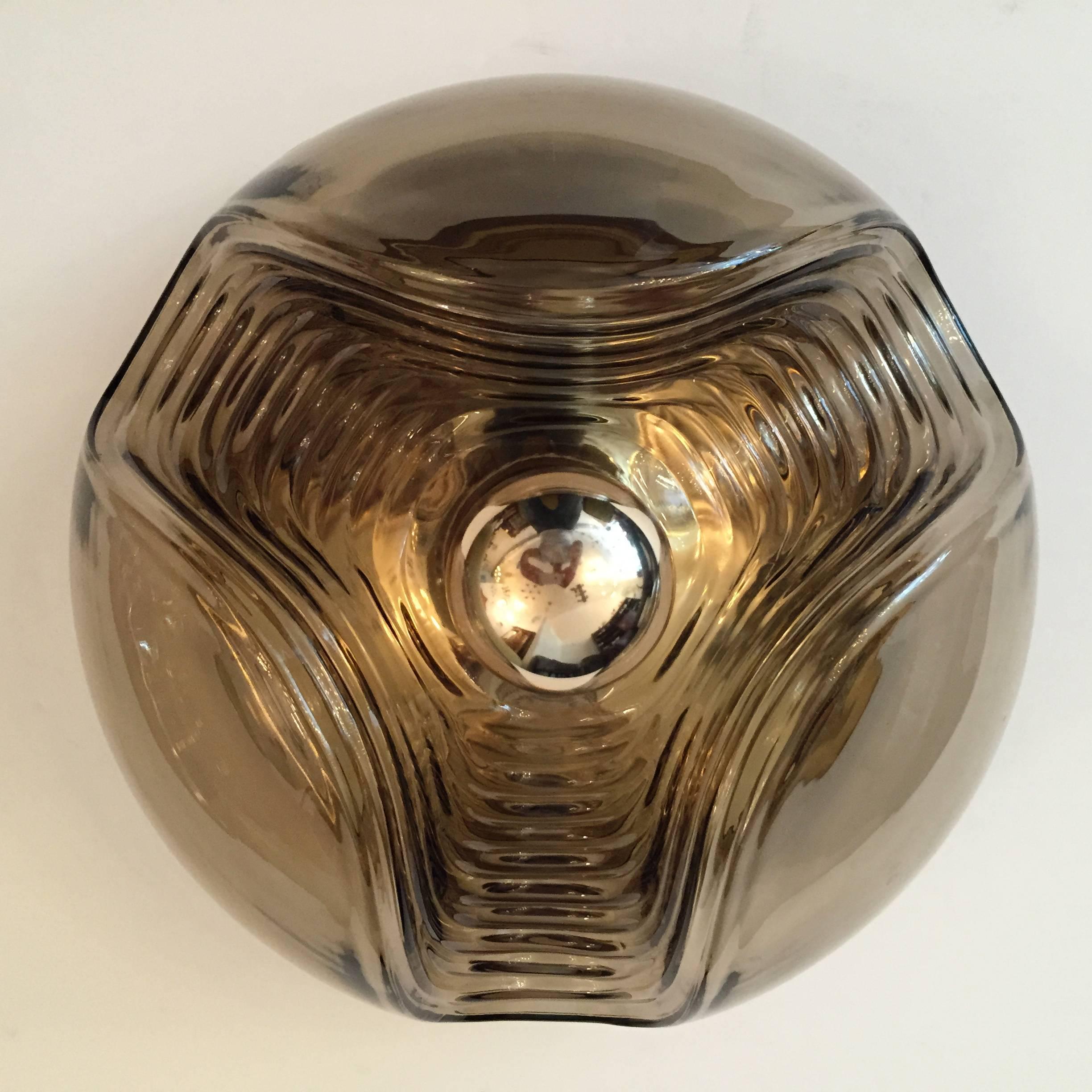 Brass Pair of Large Smoked Glass 1960s Peill and Putzler Ceiling Wall Lights