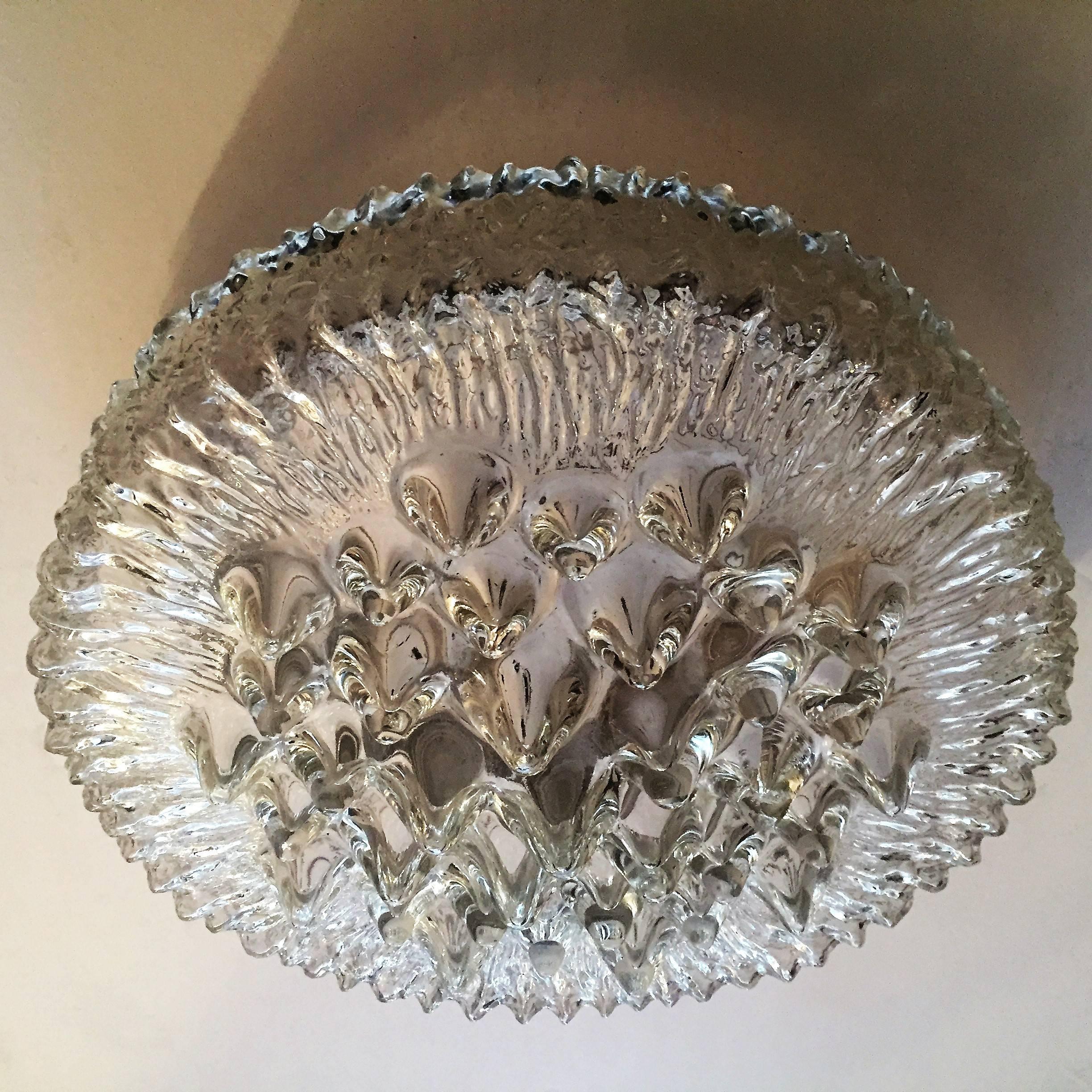 1960s sculptural glass flush ceiling or wall light by Limburg Leuchten. Theee light sources . Newly rewired. Second available.
