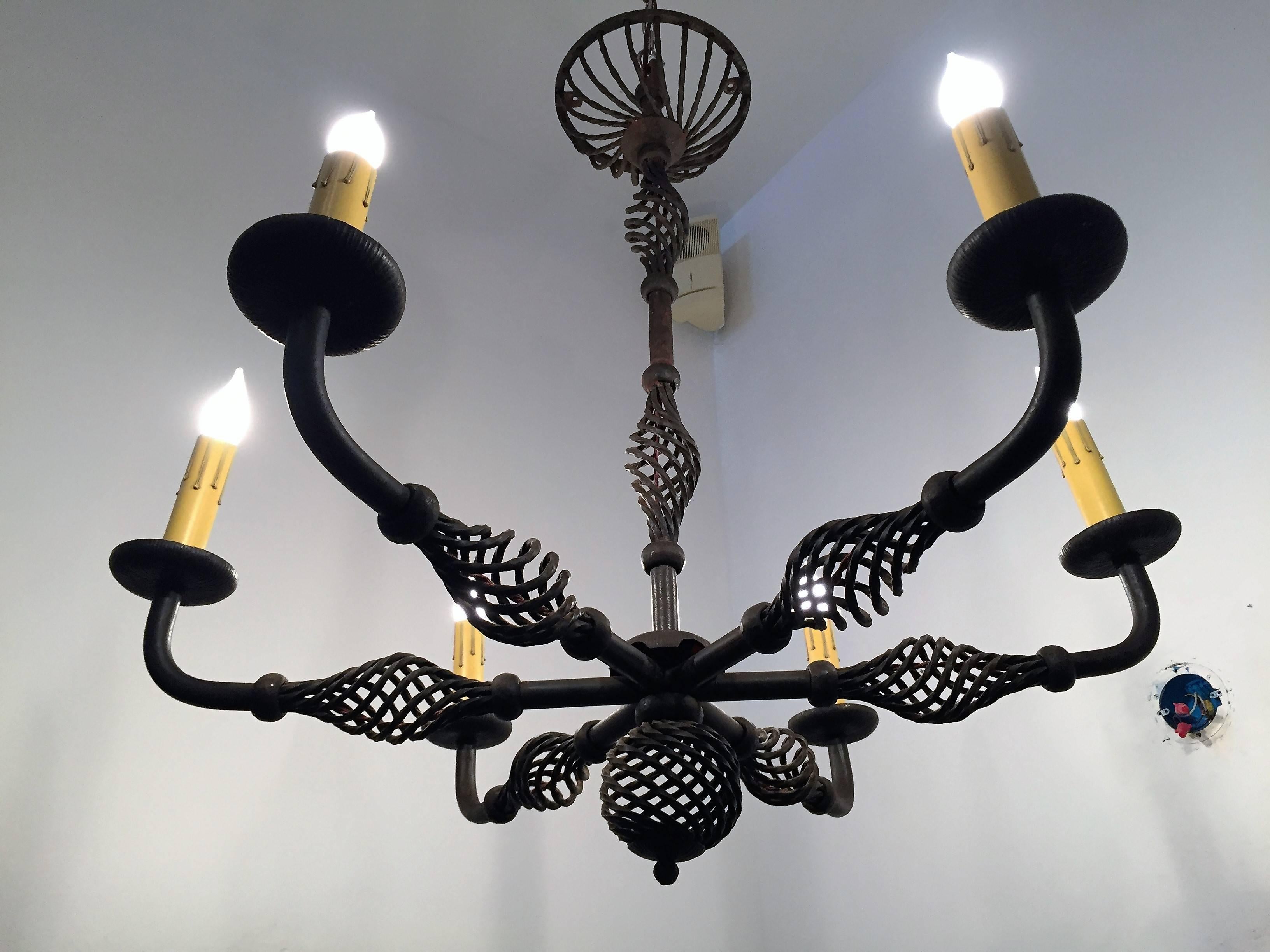 Art Deco French Moderne 1940s Iron Chandelier For Sale