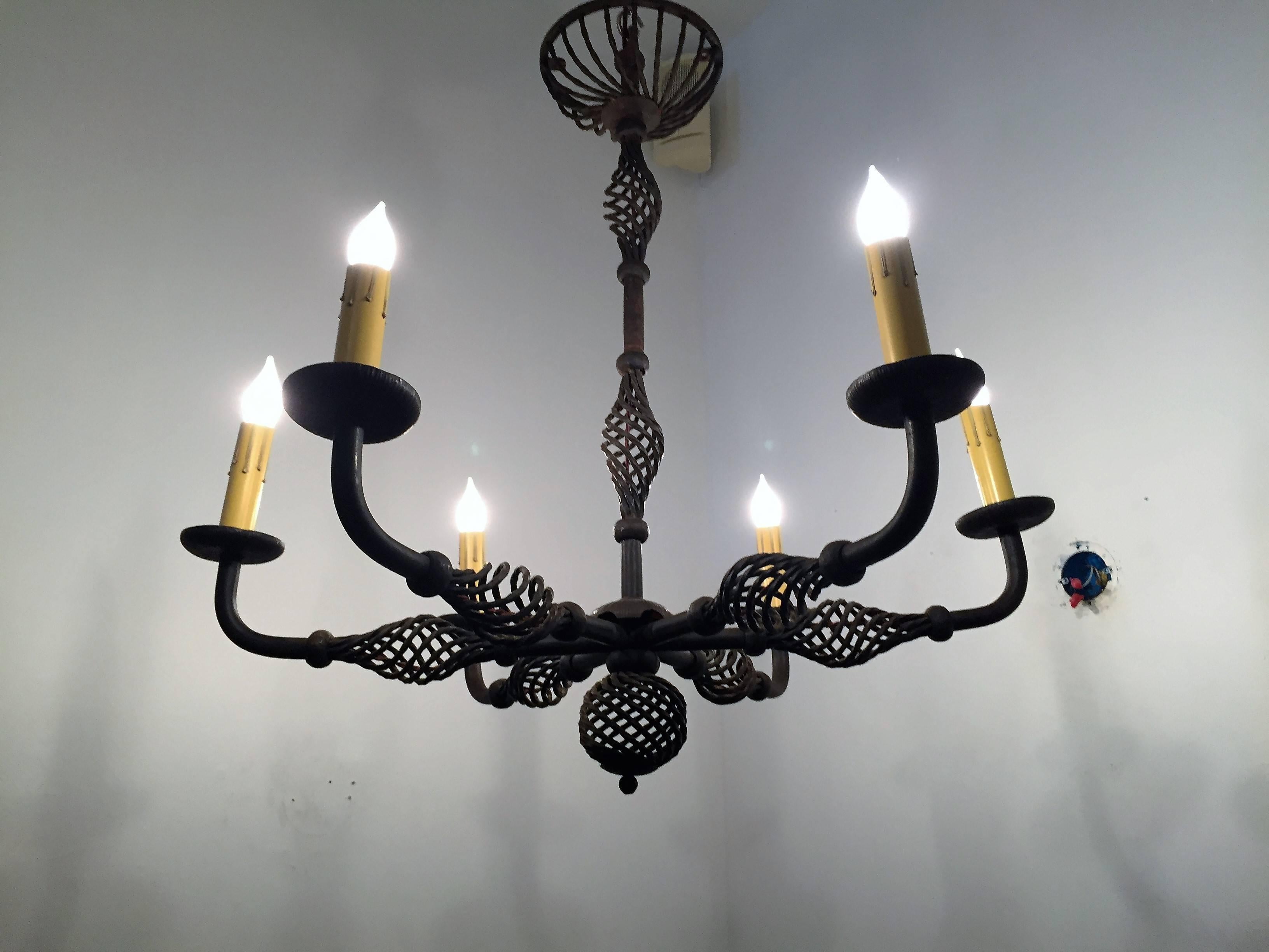 French Moderne 1940s Iron Chandelier For Sale 3