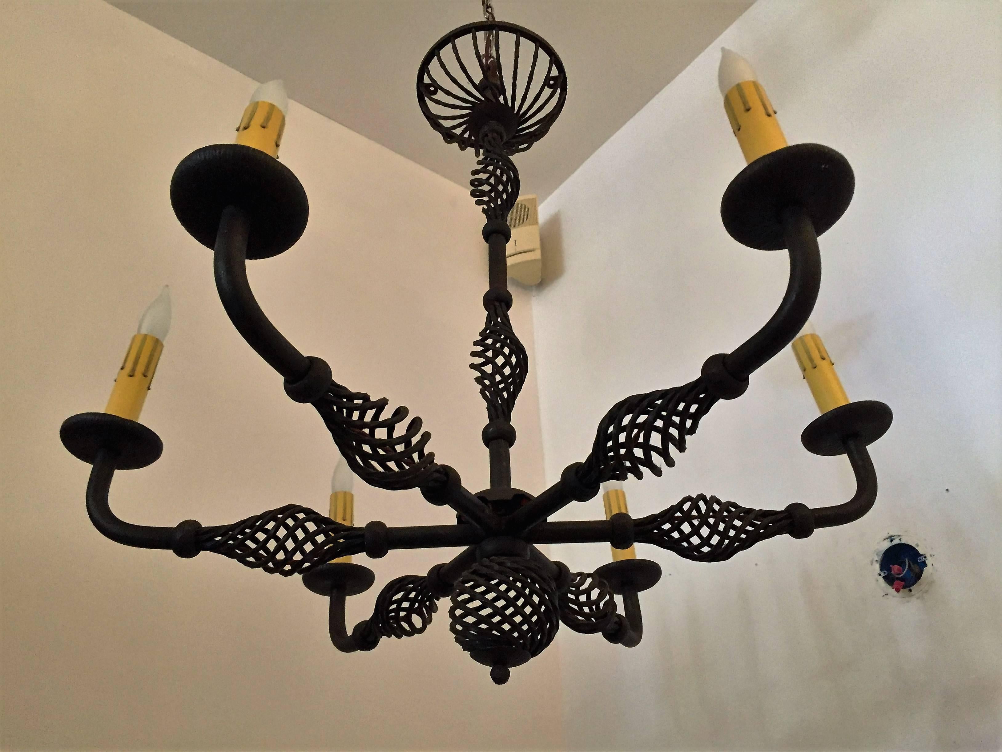 French Moderne 1940s Iron Chandelier For Sale 4