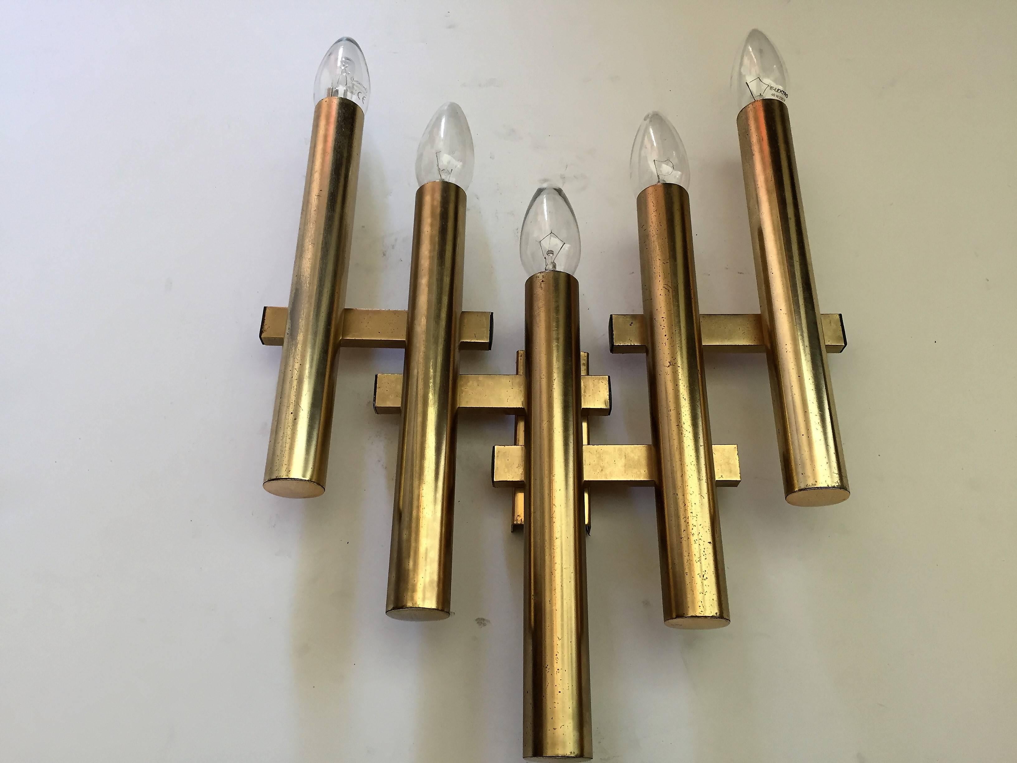Large Pair of Italian Sciolari Brass Wall Lights For Sale 5