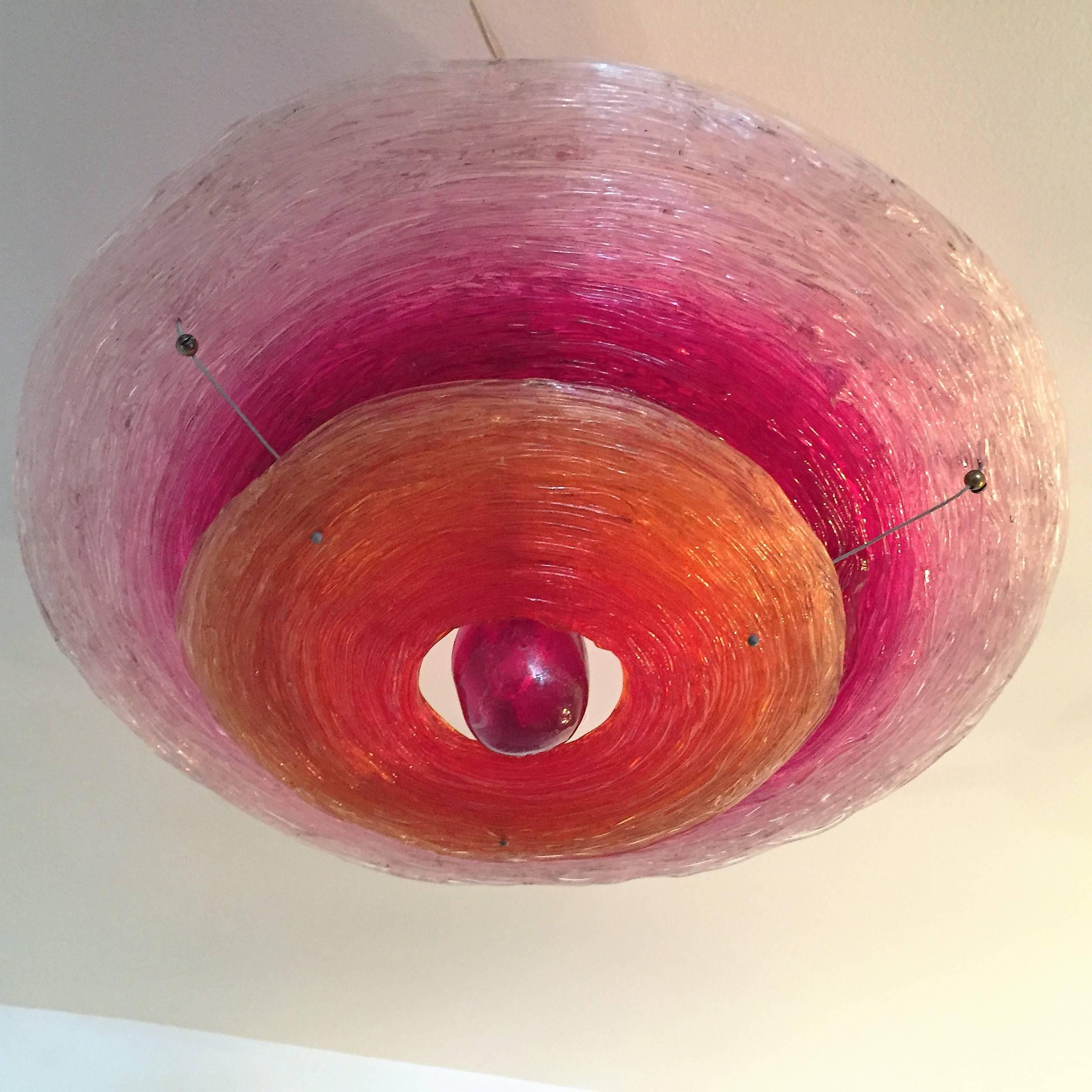 An wonderful original 1990s flush ceiling light sculpture composed of spun resin in majenta, orange and clear by the famed Italian artist, Jacobo Foggini. Five-light sources. Newly rewired.

Biography:
Jacopo Foggini discovered the potential of